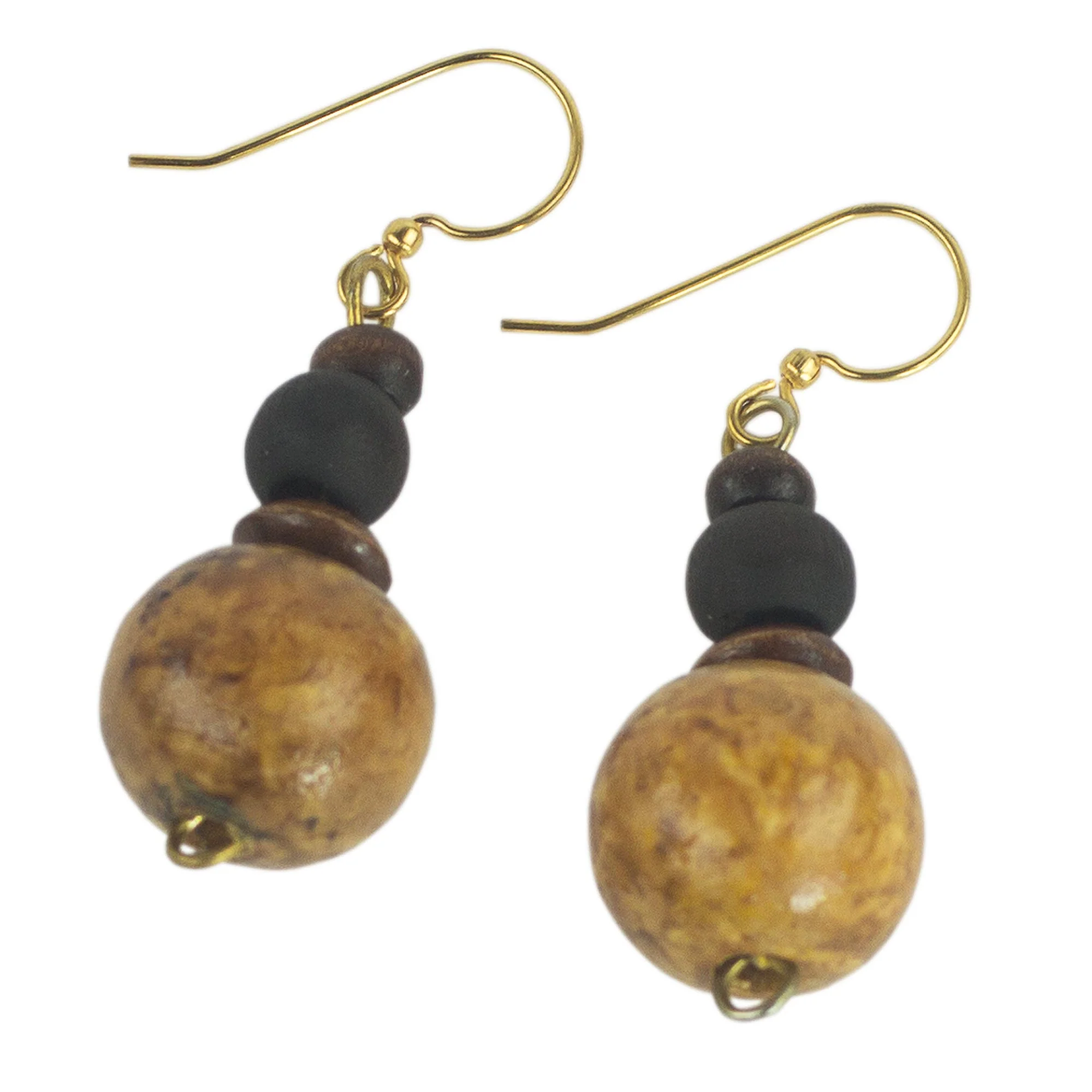 African Fence Sese Wood Bead Dangle Earrings on Brass Hooks from Ghana - Image 5