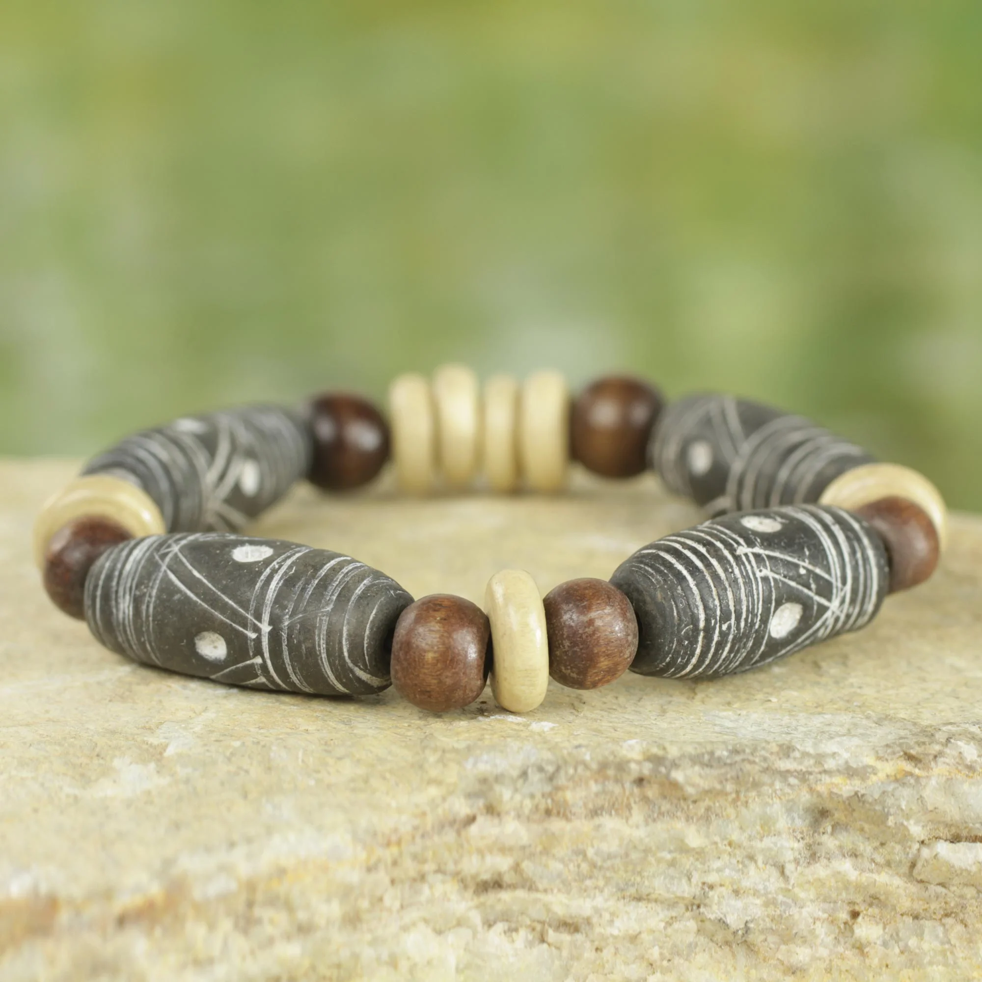 African Woman Brown Earth Tone Beaded Stretch Bracelet by Ghana Artisan - Image 3