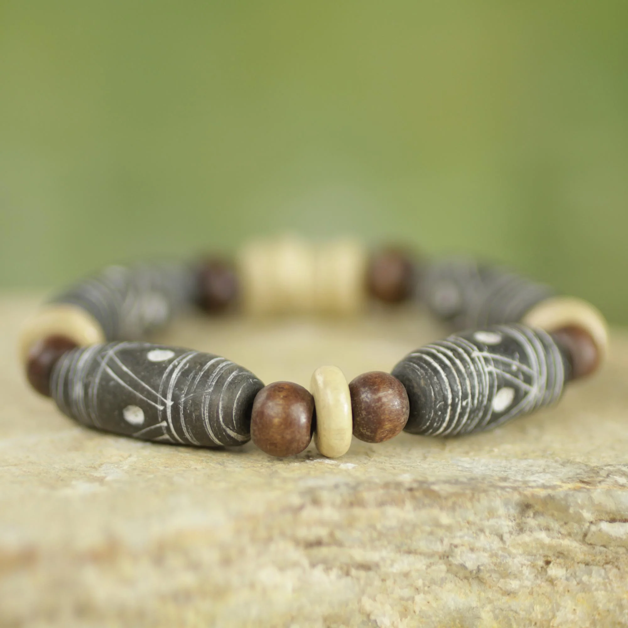 African Woman Brown Earth Tone Beaded Stretch Bracelet by Ghana Artisan - Image 4