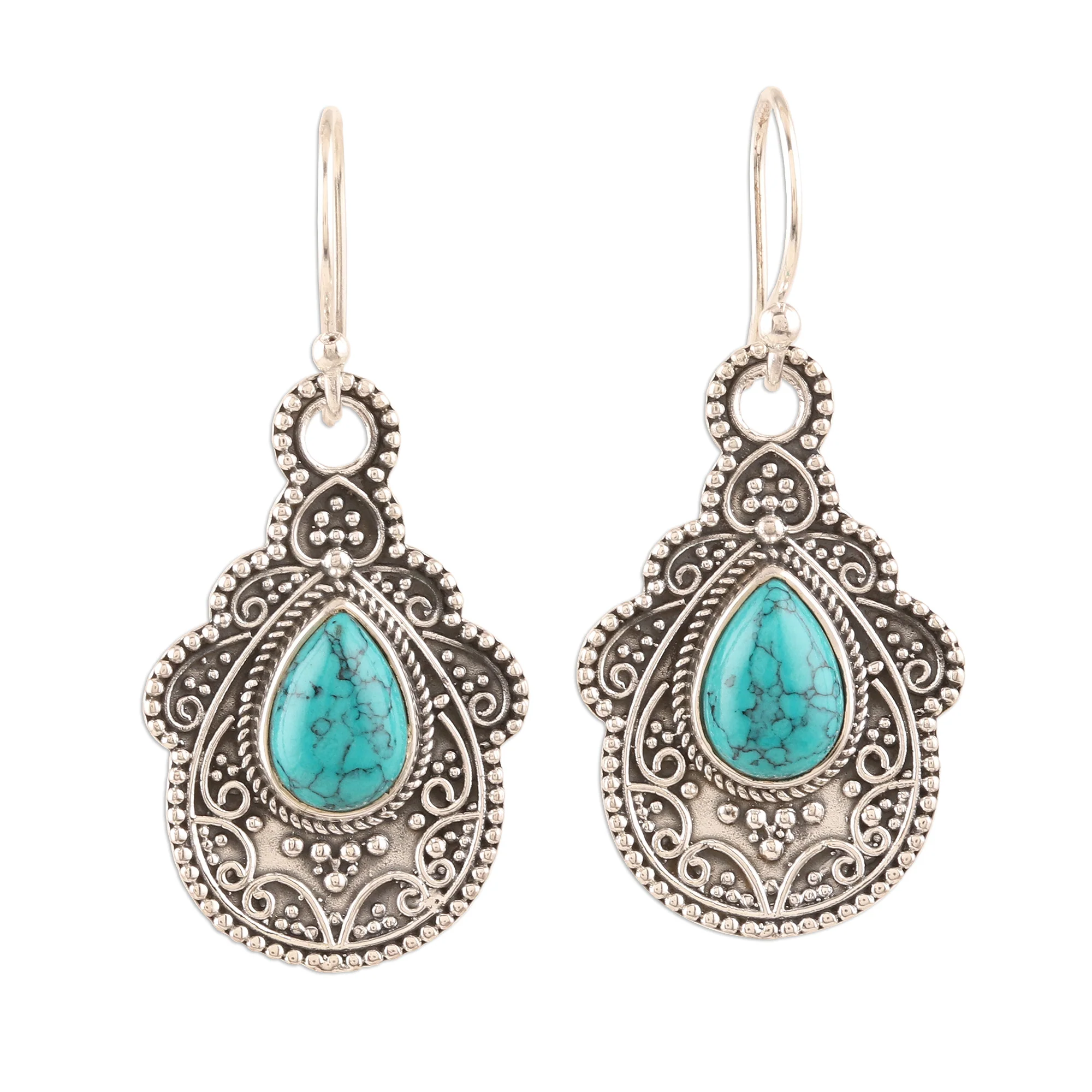 Agra Aesthetic Oxidized Silver and Reconstituted Turquoise Earrings - Image 2