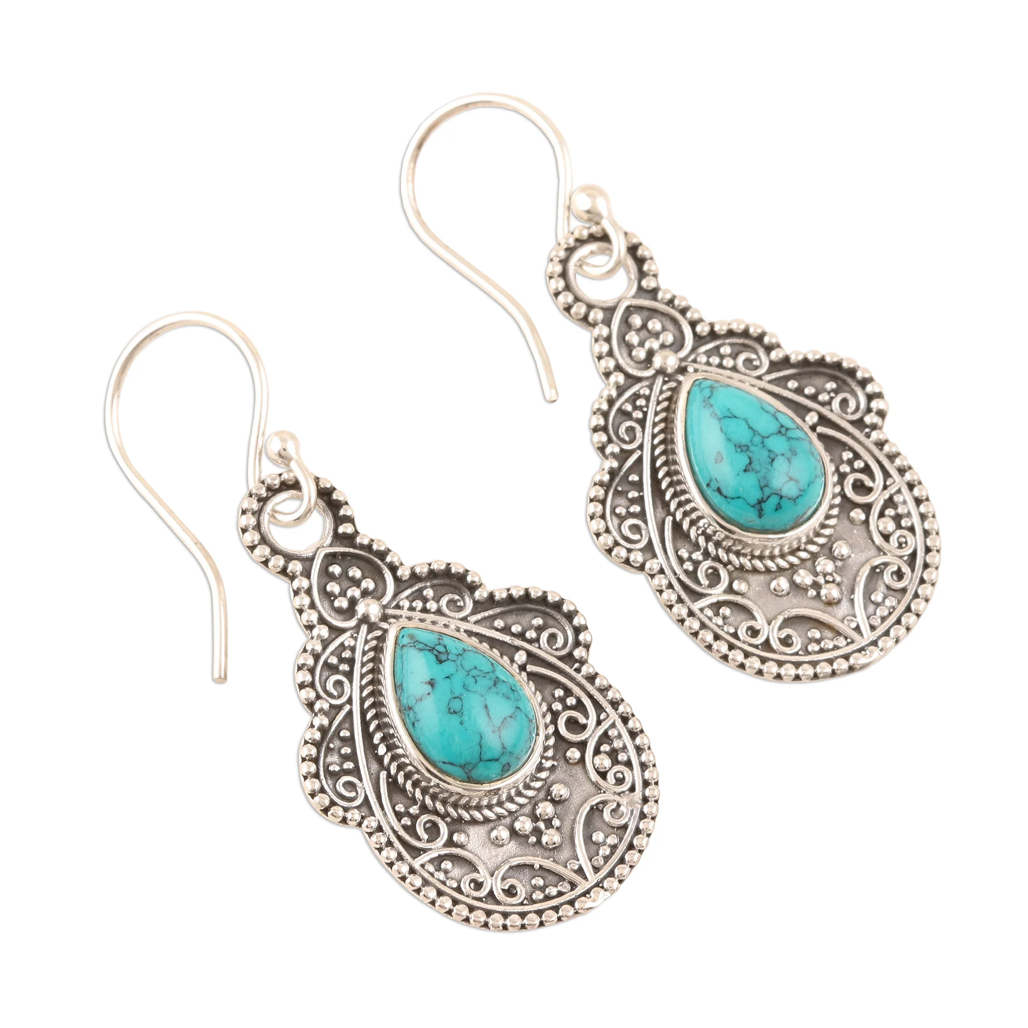 Agra Aesthetic Oxidized Silver and Reconstituted Turquoise Earrings - Image 4