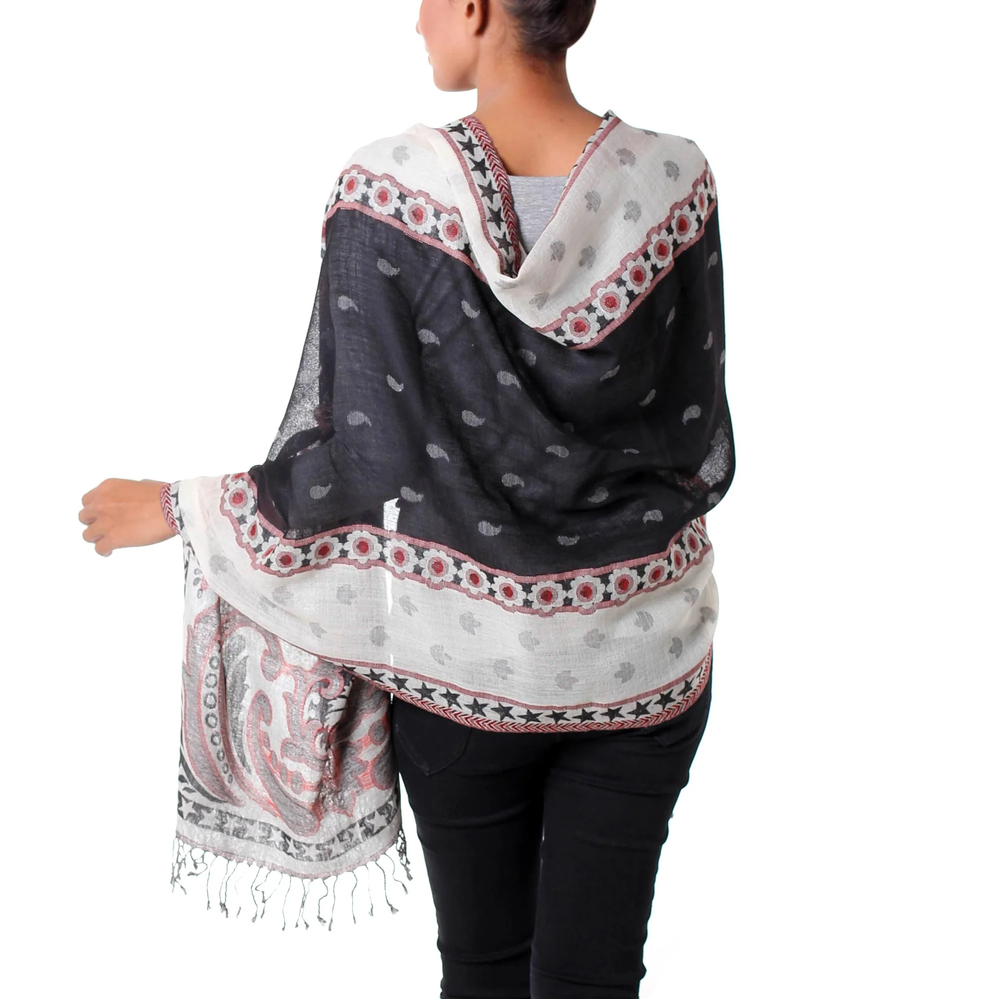 Agra Night Dramatic Indian Wool Shawl in Black and White with Red - Image 2