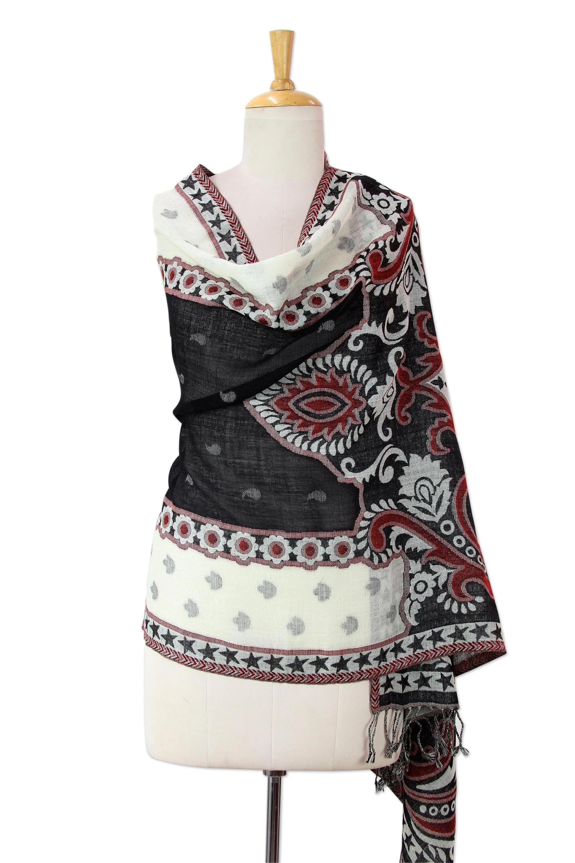 Agra Night Dramatic Indian Wool Shawl in Black and White with Red - Image 3