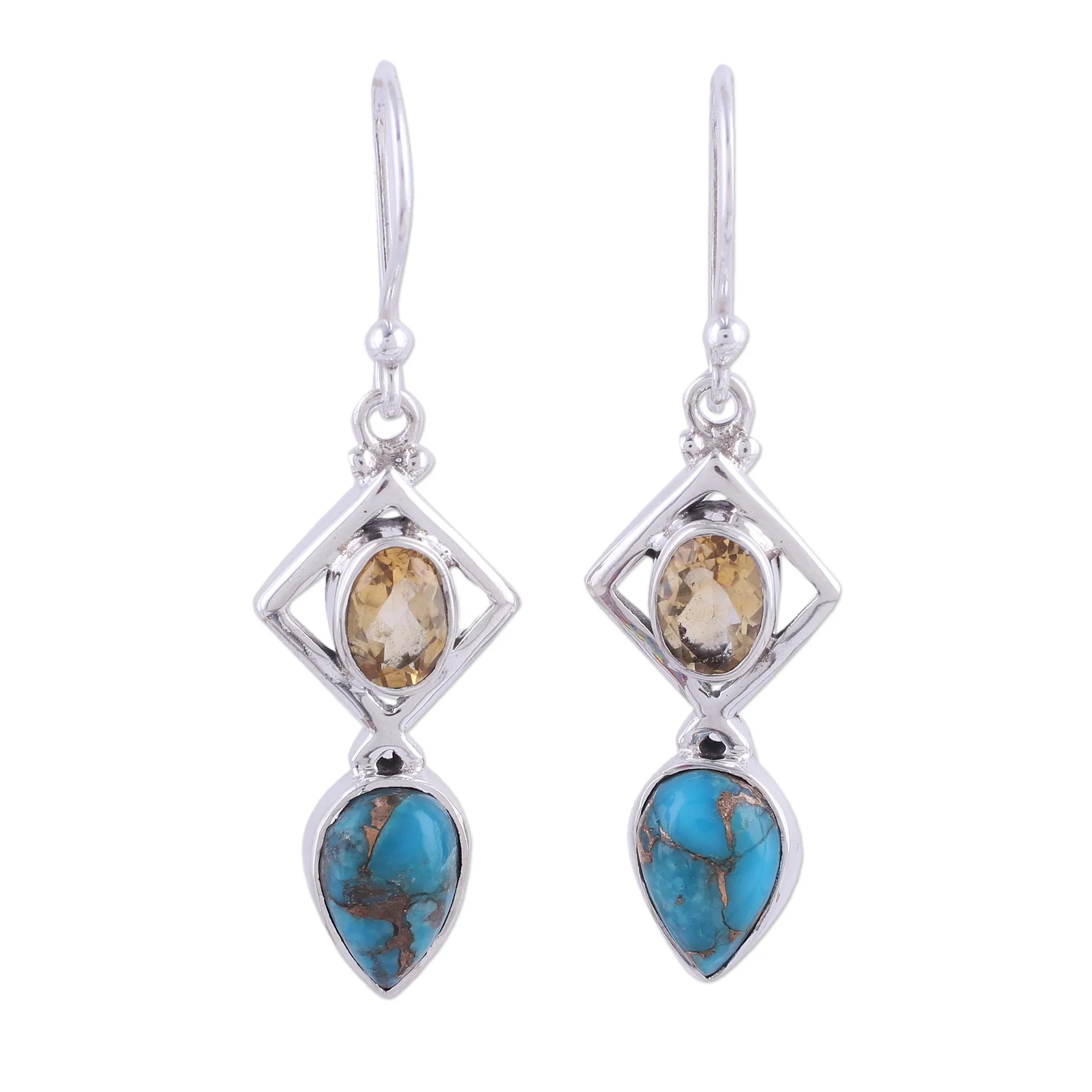 Alluring Combination Citrine and Composite Turquoise Earrings from India - Image 2