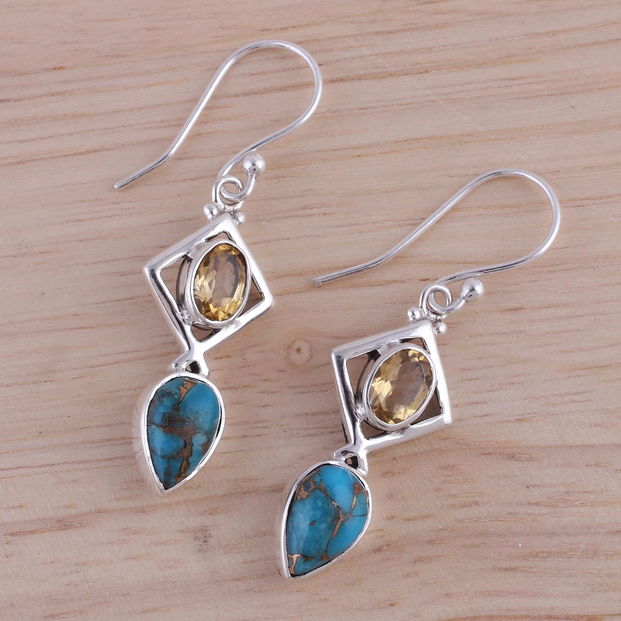 Alluring Combination Citrine and Composite Turquoise Earrings from India - Image 3