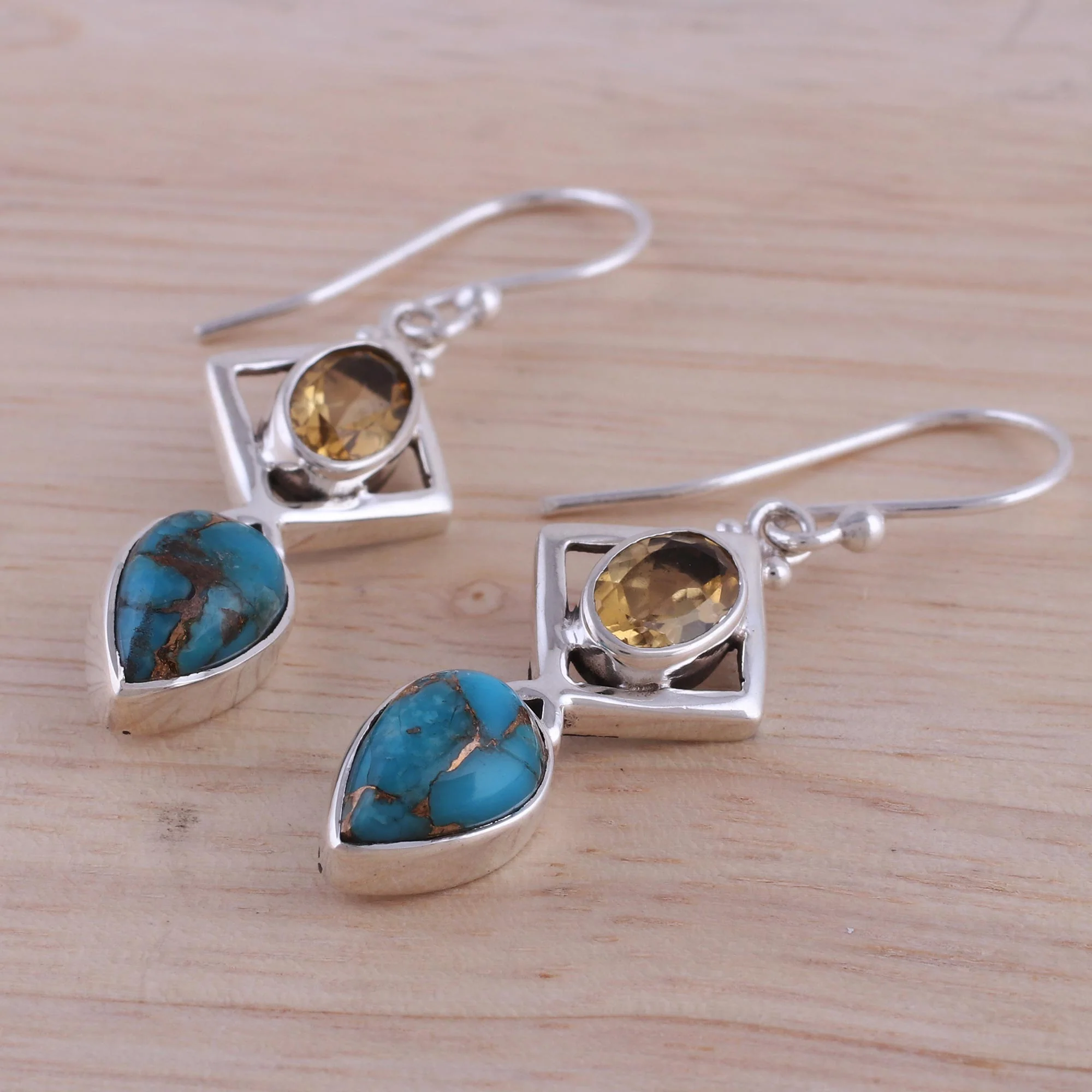 Alluring Combination Citrine and Composite Turquoise Earrings from India - Image 4