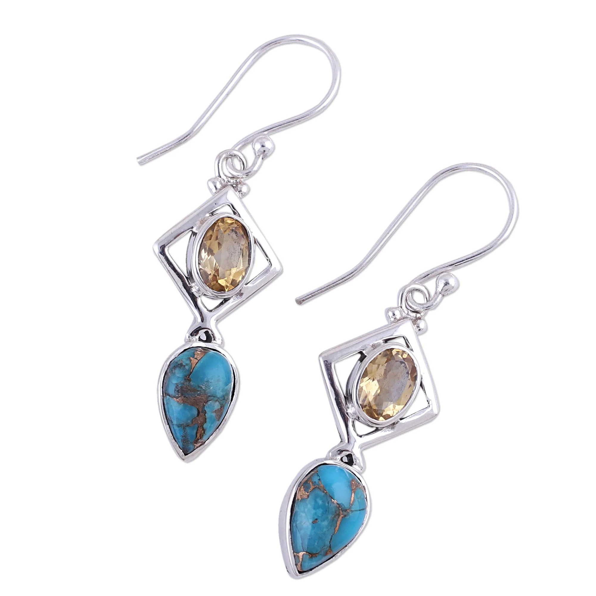 Alluring Combination Citrine and Composite Turquoise Earrings from India - Image 5