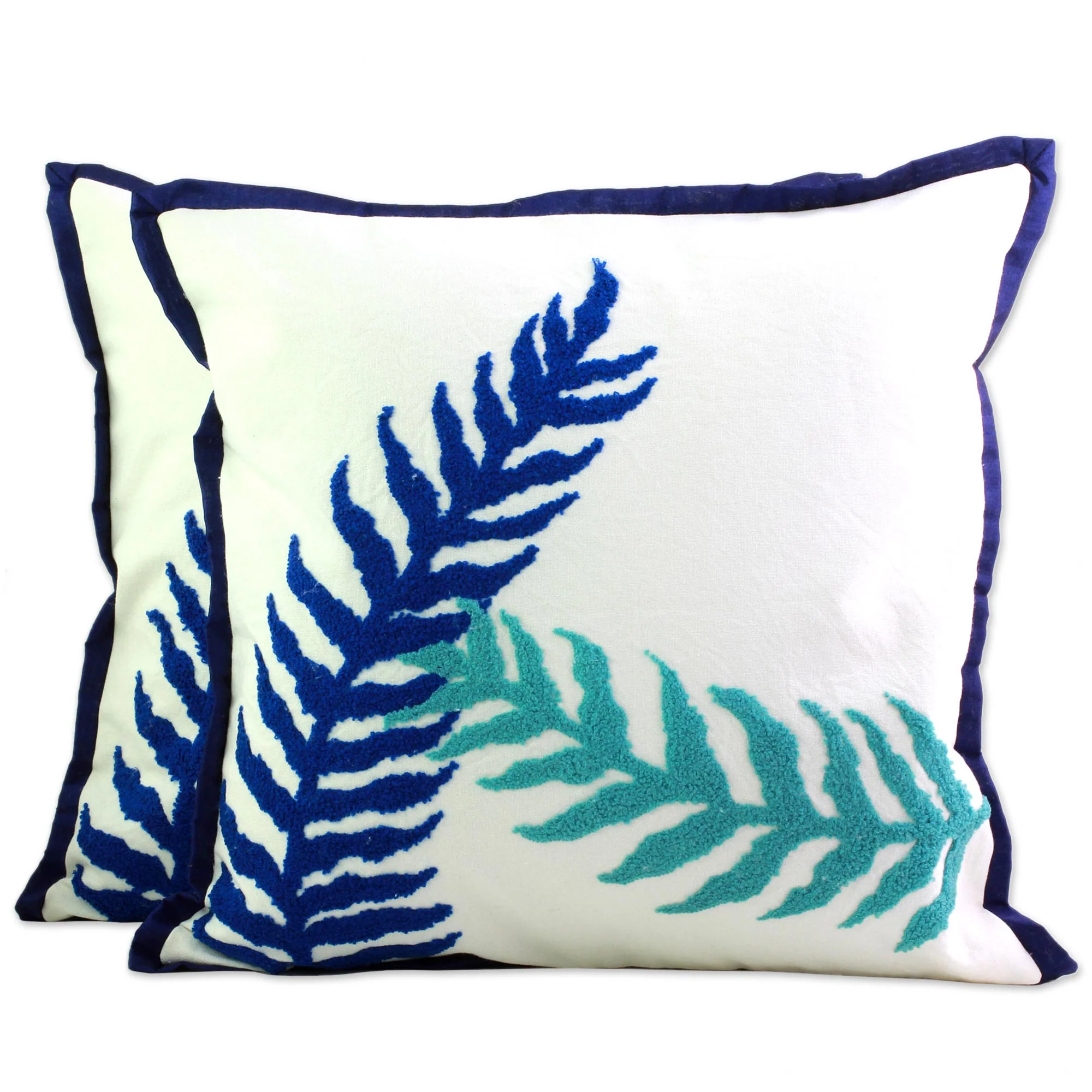Alluring Leaves 100% Cotton Blue and White Cushion Covers from India (Pair) - Image 2
