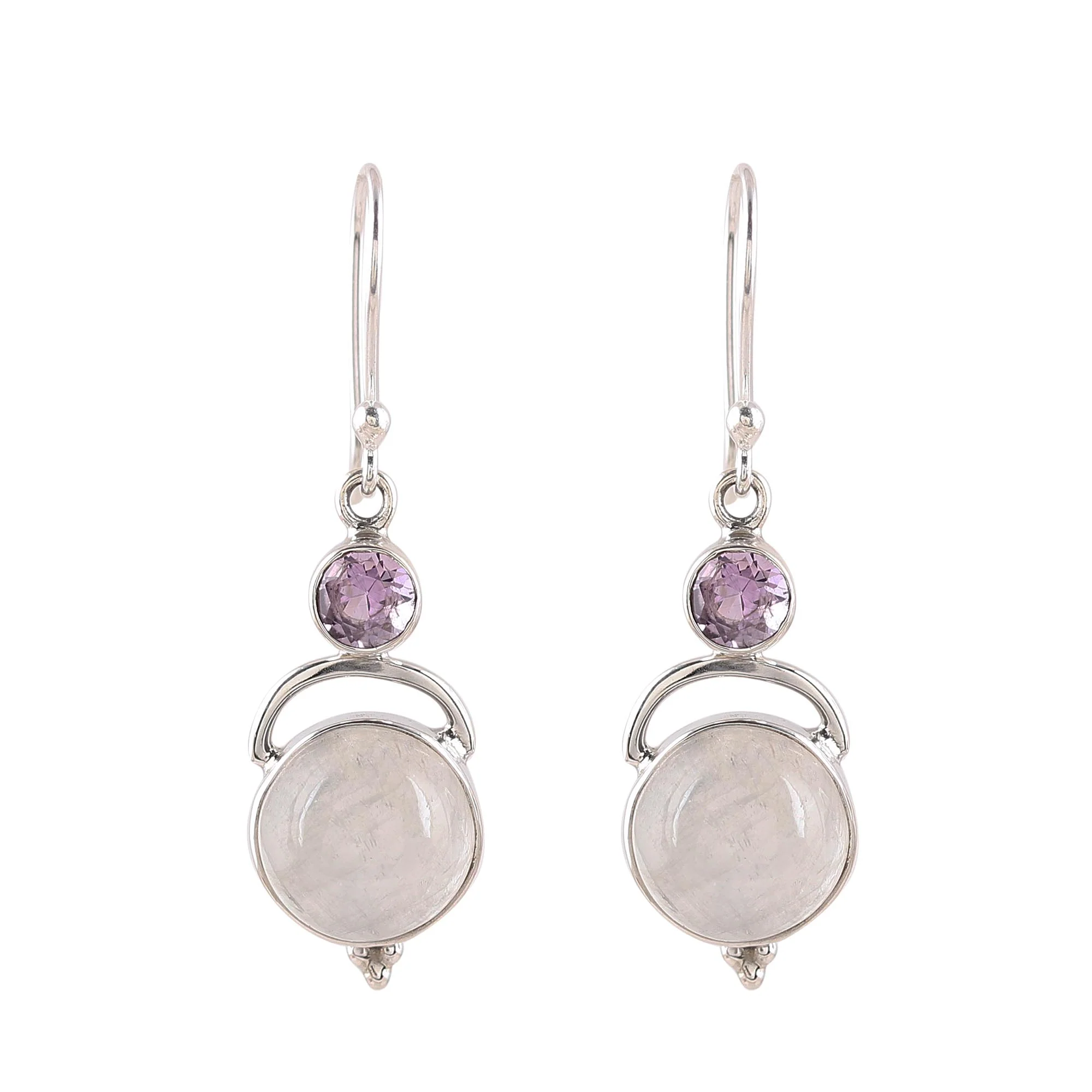 Alluring Serenity Sterling Silver Rainbow Moonstone Amethyst Dangle Earrings - Image 2