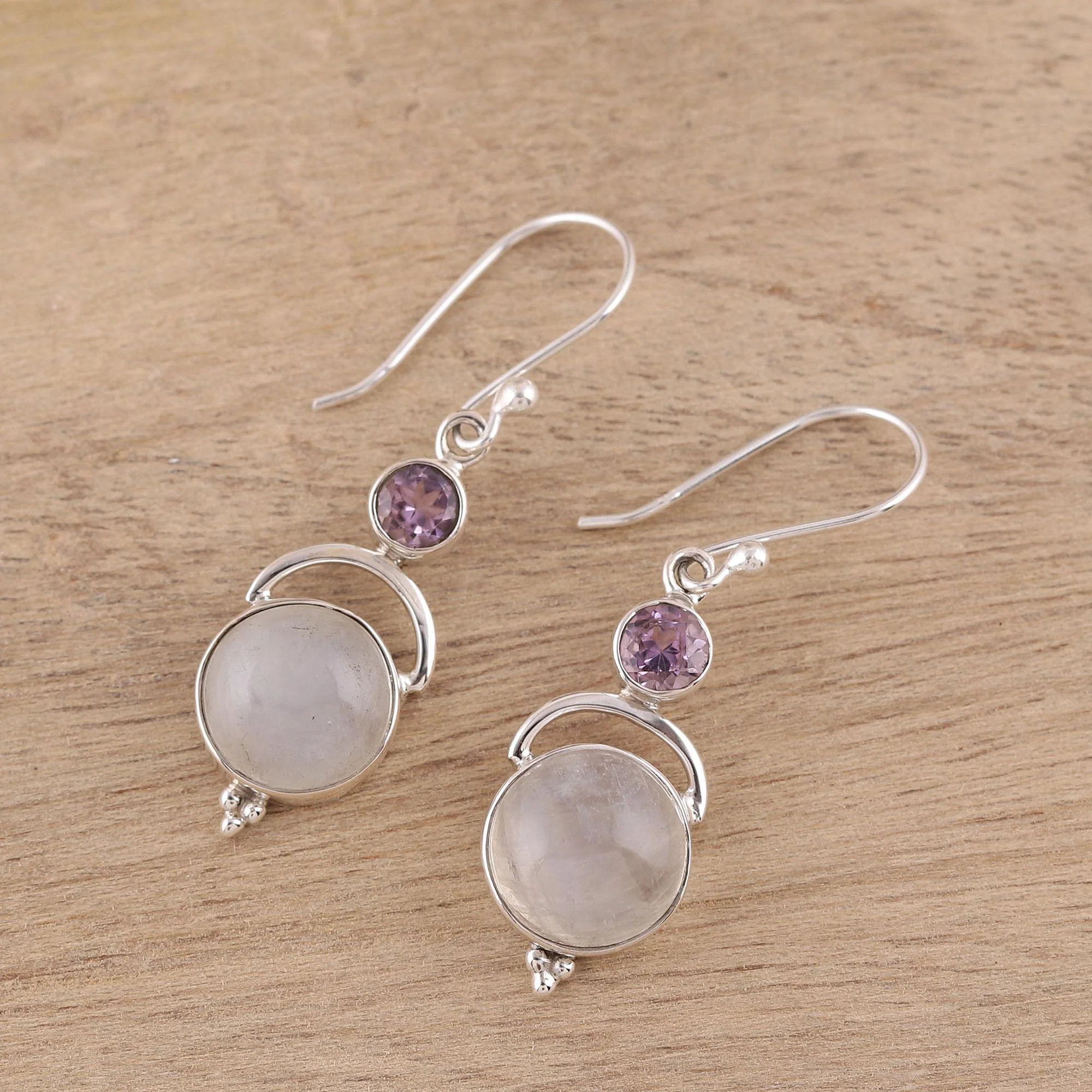 Alluring Serenity Sterling Silver Rainbow Moonstone Amethyst Dangle Earrings - Image 3
