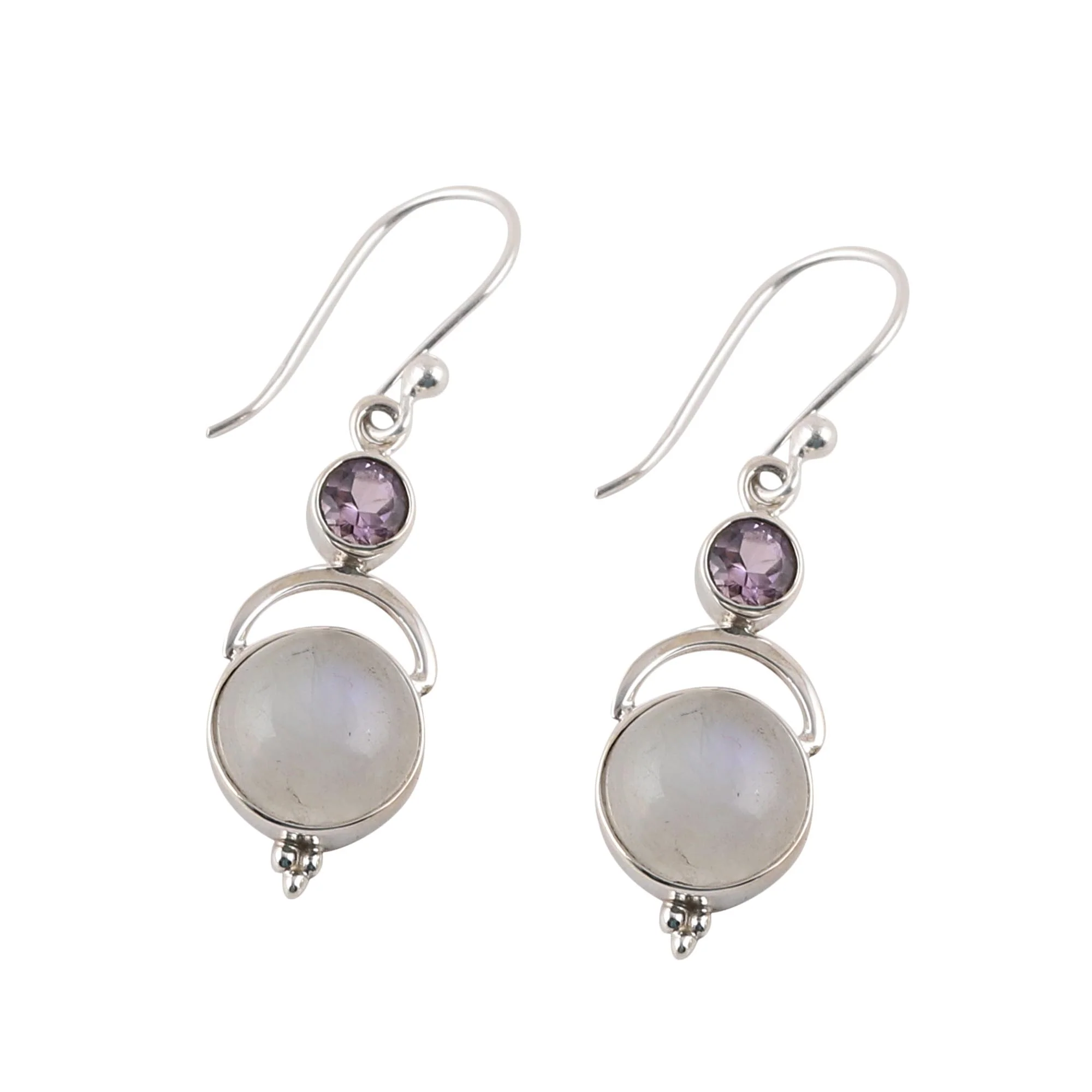 Alluring Serenity Sterling Silver Rainbow Moonstone Amethyst Dangle Earrings - Image 4
