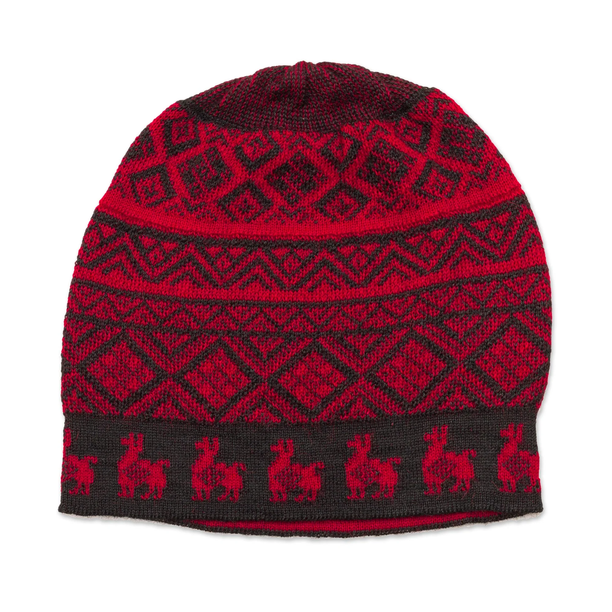 Alpaca Parade in Red Black and Crimson Red Diamond Motif Alpaca Blend Knit Hat - Image 2