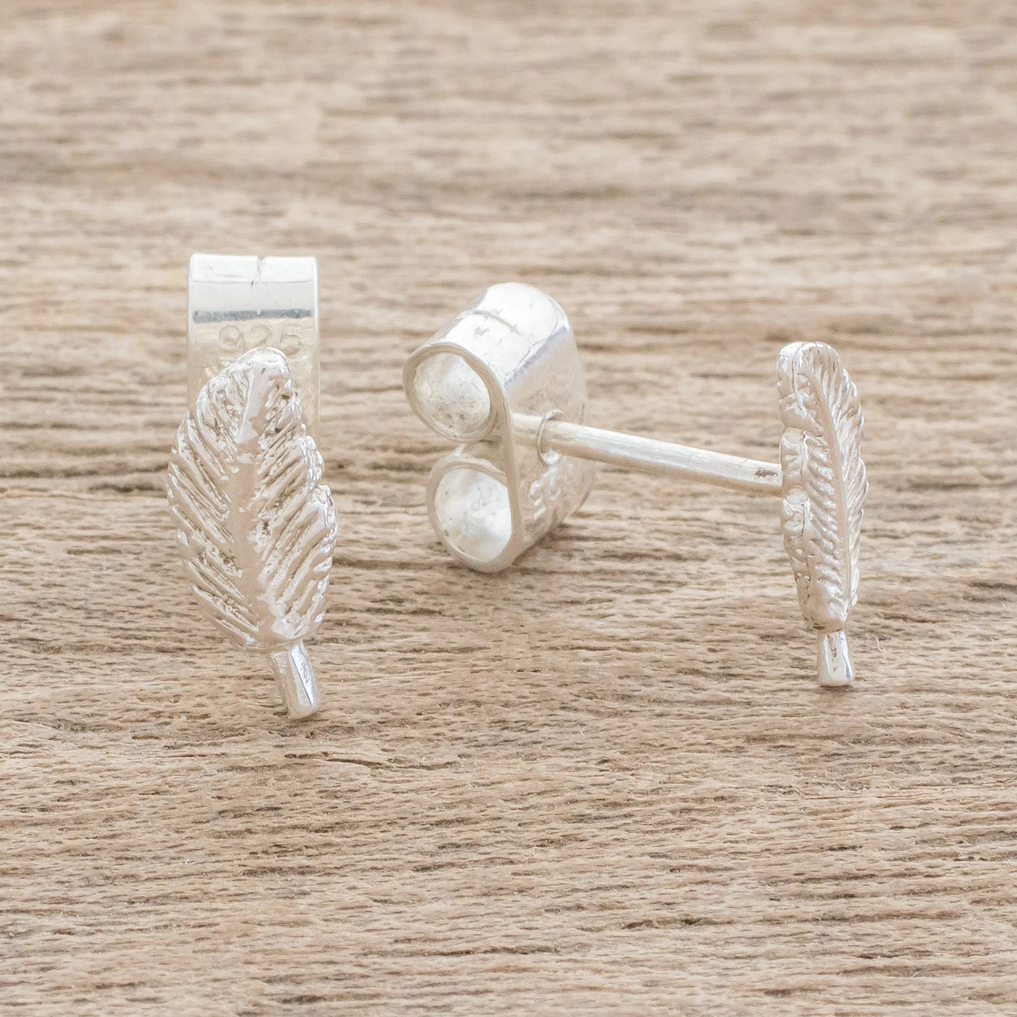 Amazing Leaves Feather-Shaped Sterling Silver Stud Earrings from Guatemala - Image 3
