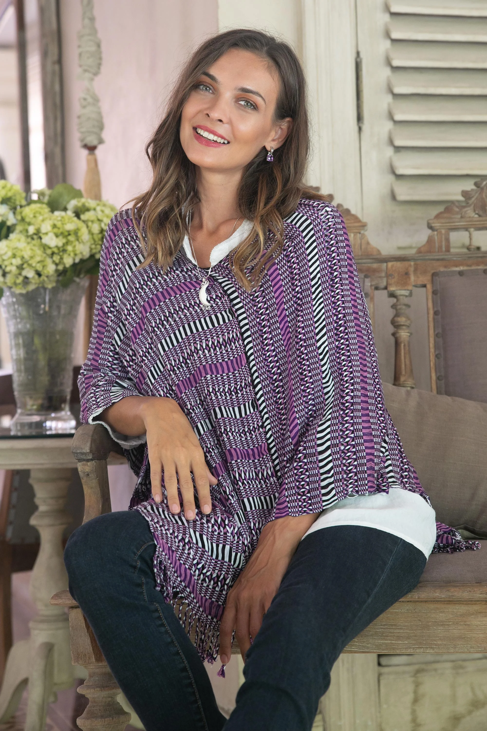 Amethyst Intrigue Guatemalan Handwoven Cotton Poncho in Pink and Purple - Image 3