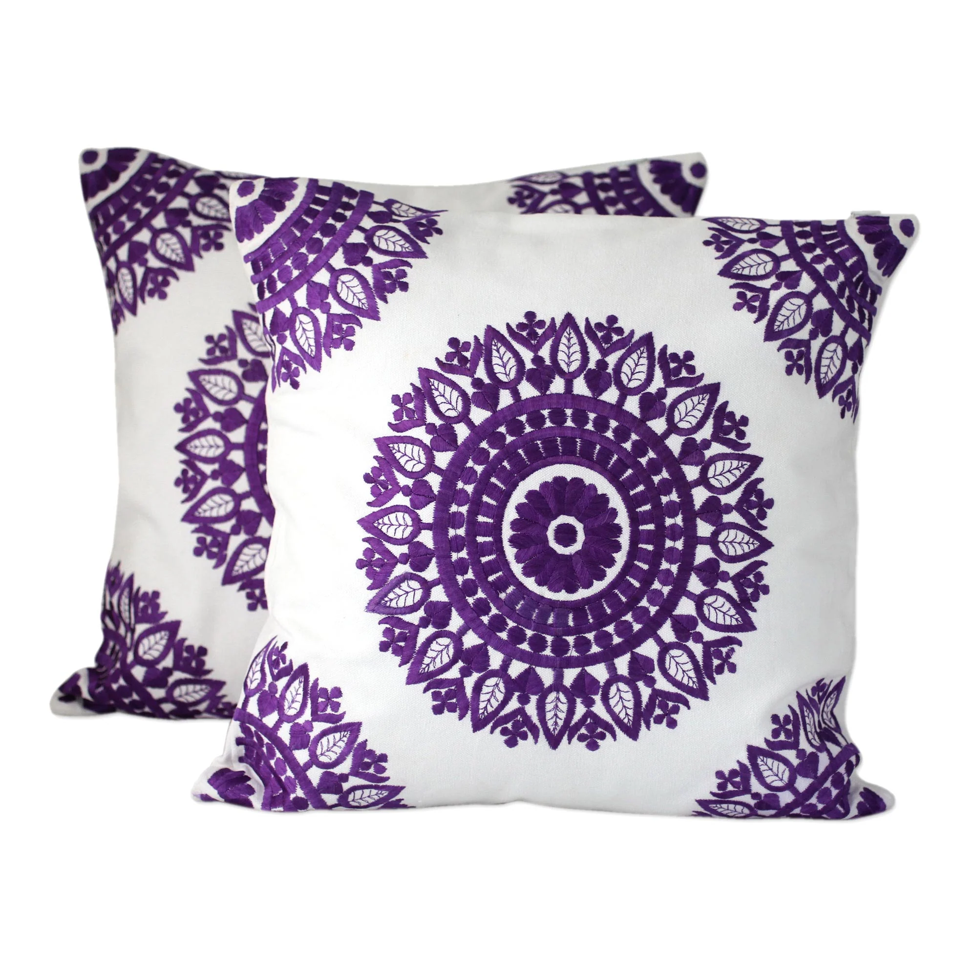 Amethyst Mandalas Embroidered Purple on White Cushion Covers from India (Pair) - Image 2