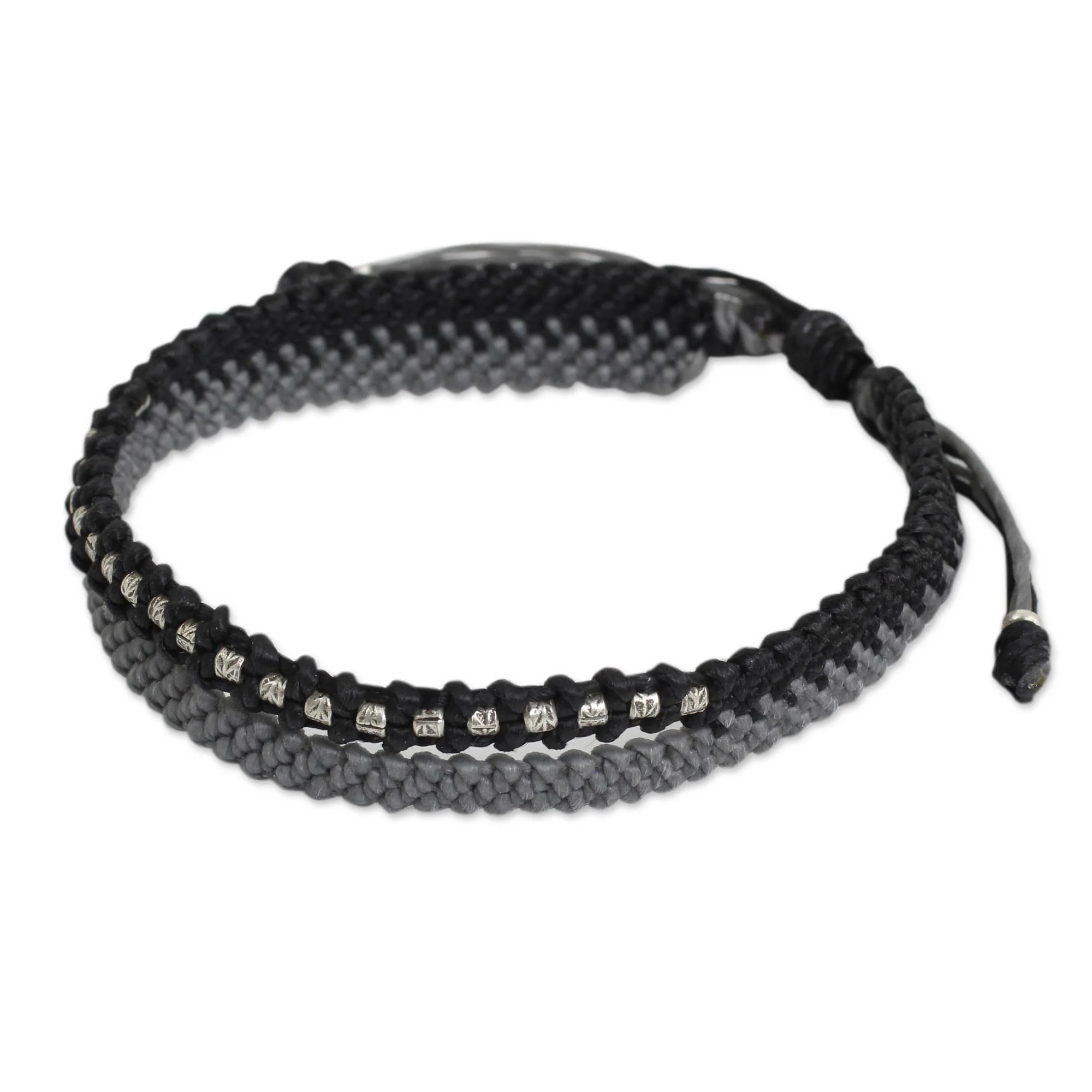 Amity in Black and Gray Artisan Crafted Black and Gray Cord Bracelet with Silver - Image 2