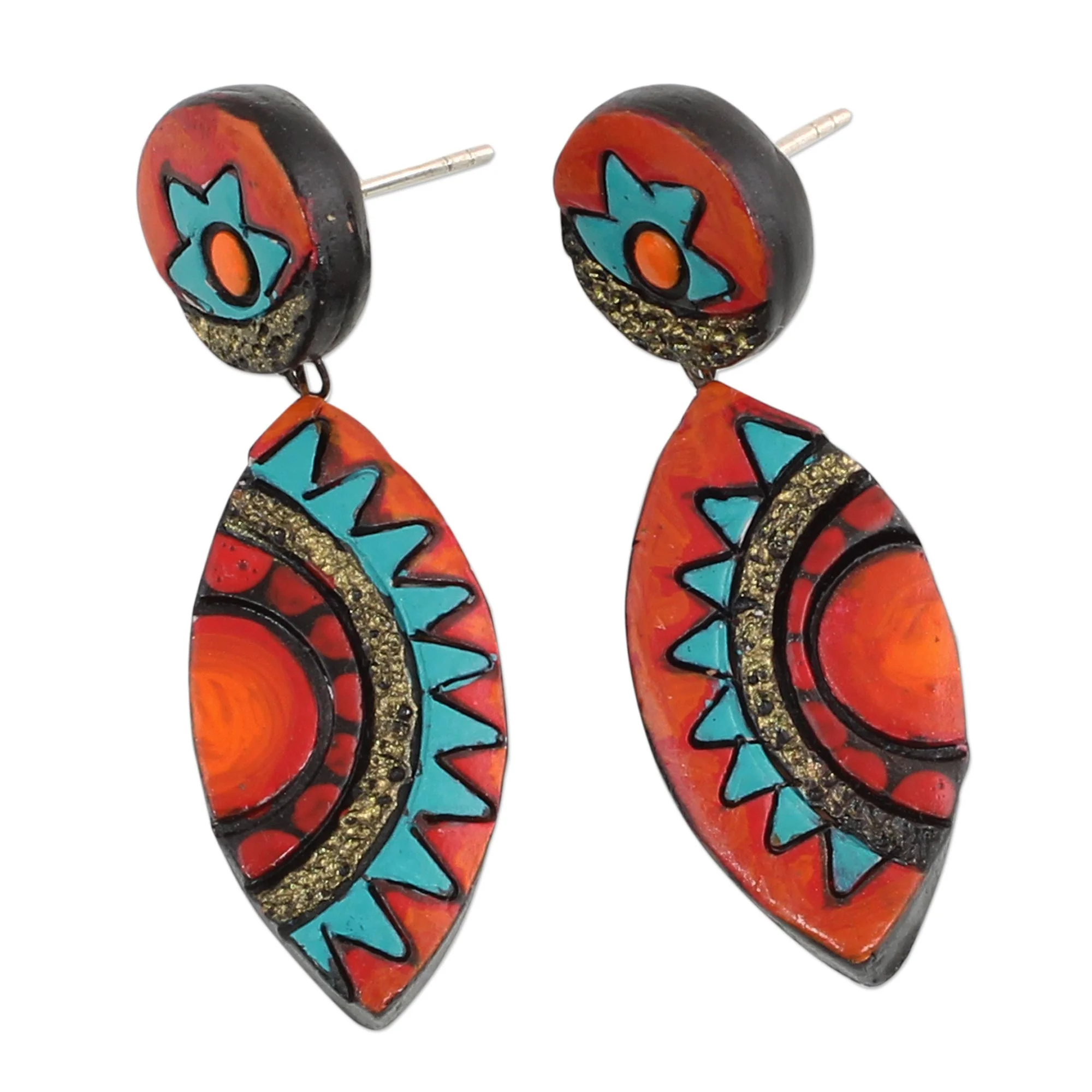 Ancient Inspiration Colorful Ceramic Dangle Earrings by Indian Artisans - Image 4