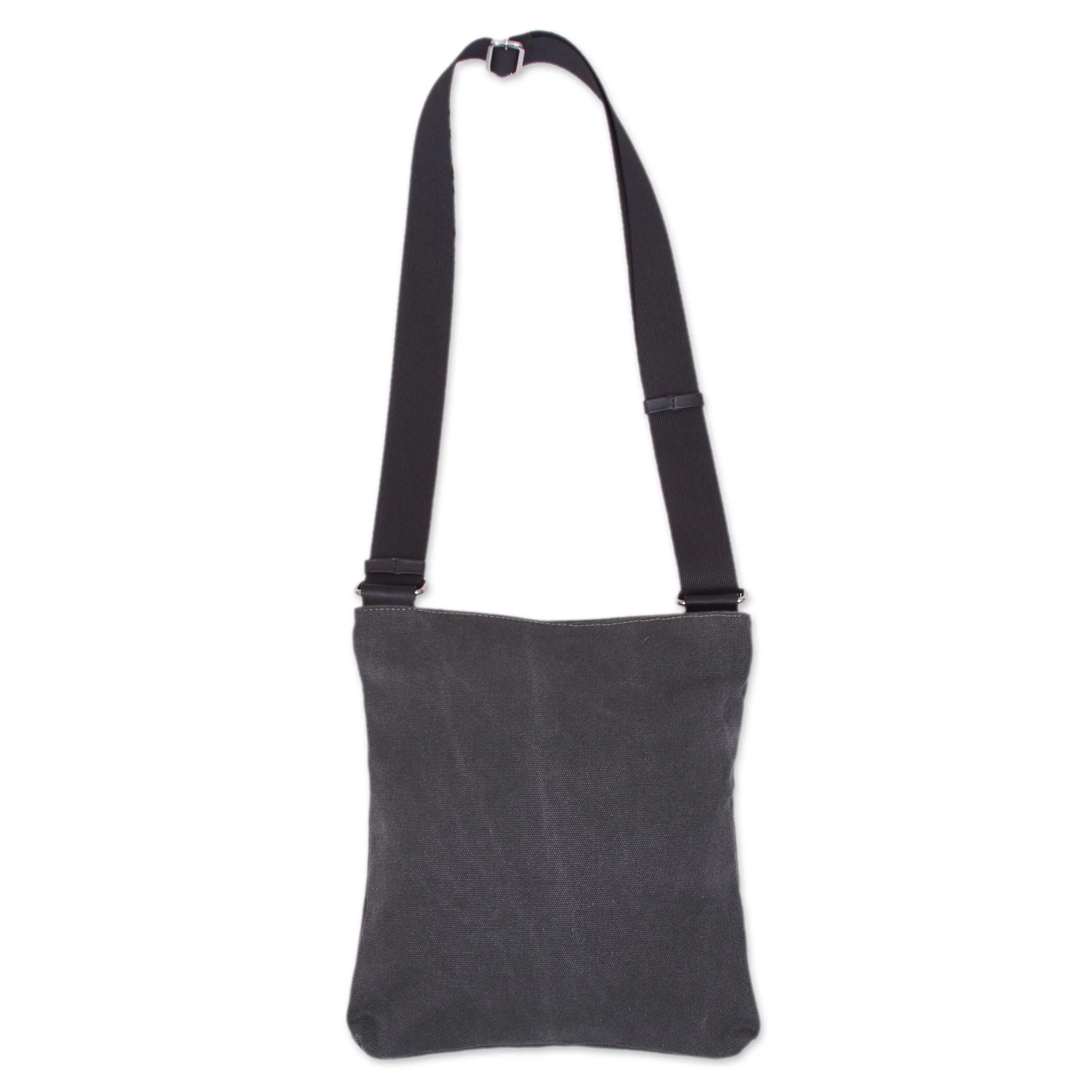 Ancient Traveler Leather Accent Cotton Shoulder Bag in Slate from Peru - Image 4