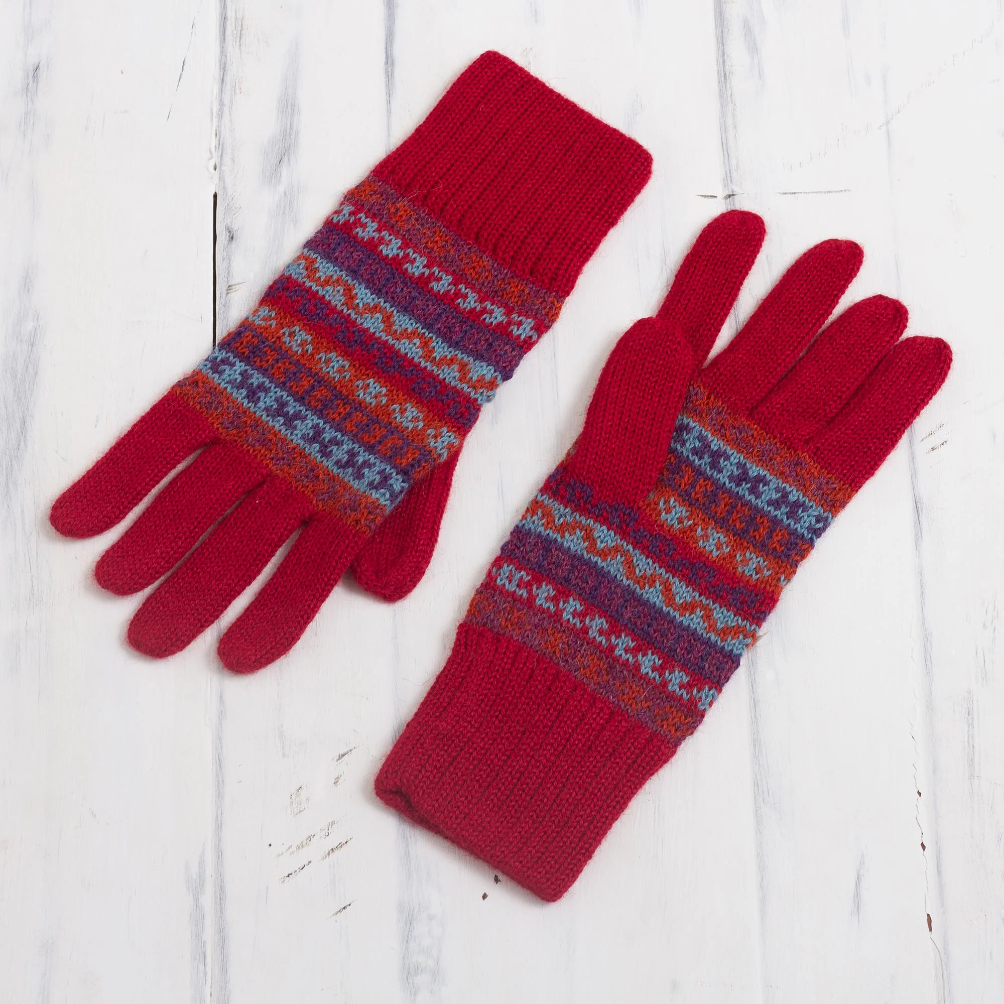 Andean Art Striped 100% Alpaca Knit Gloves from Peru - Image 3