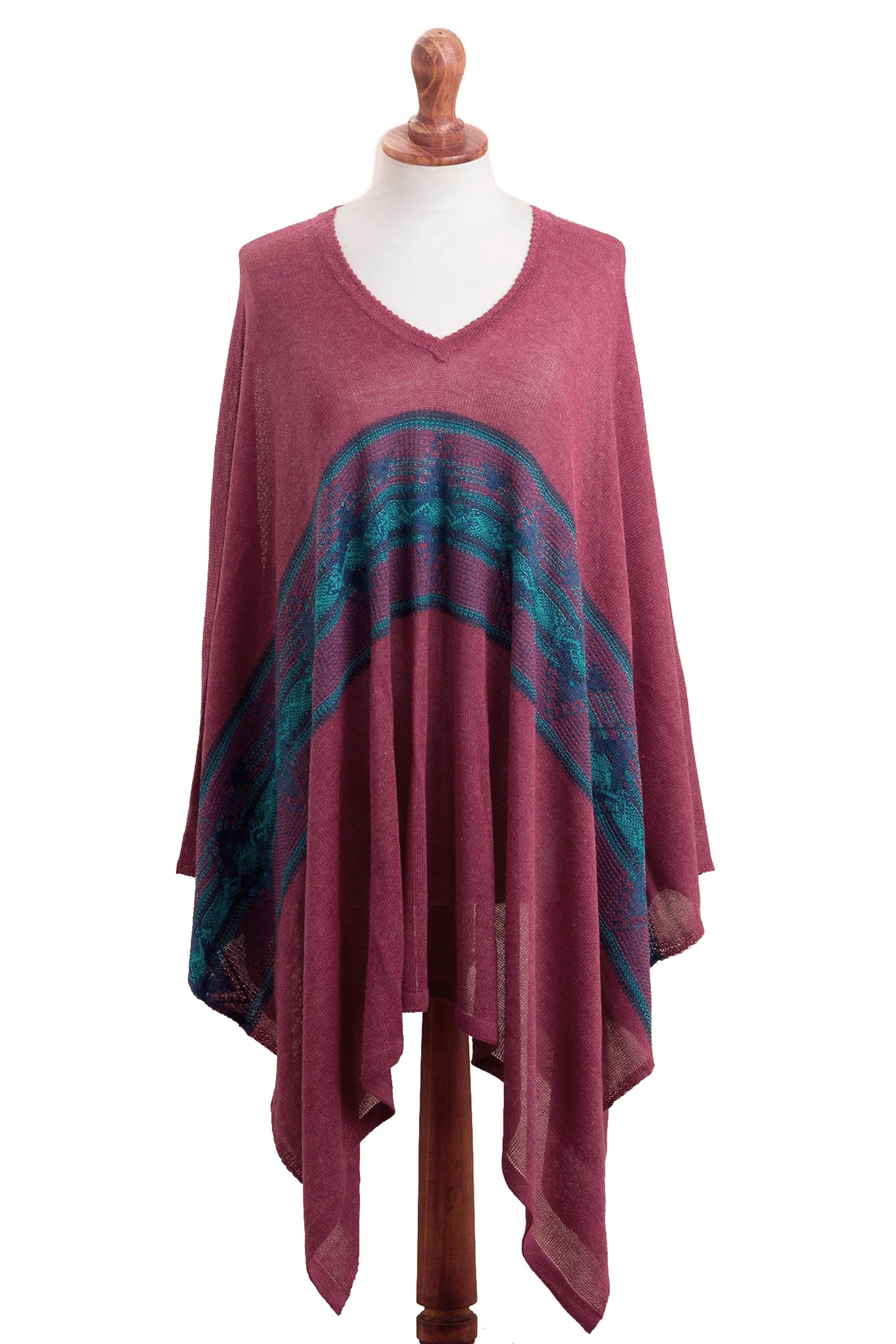 Andean Charm Cotton Blend Poncho in Cerise and Blue from Peru - Image 2