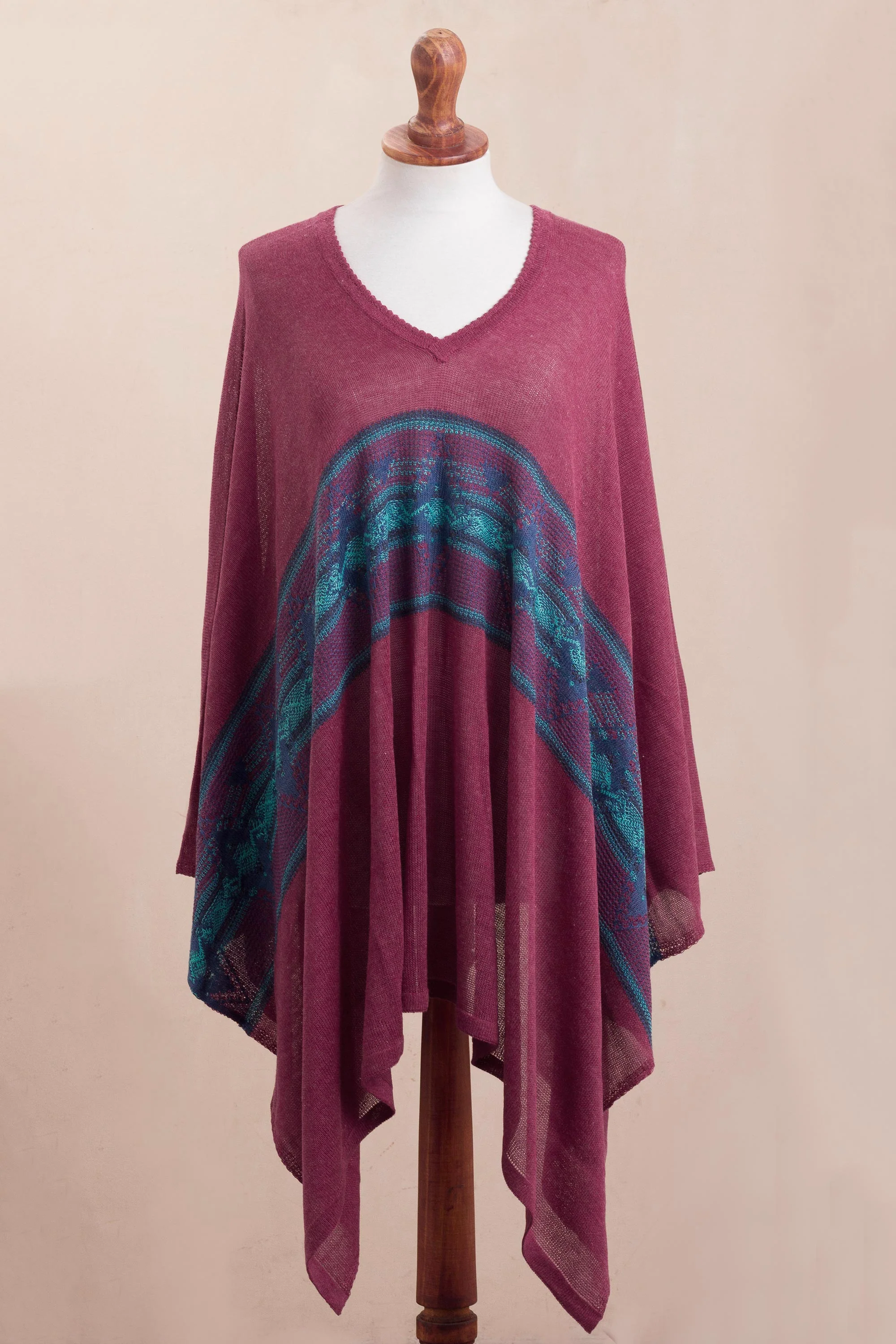 Andean Charm Cotton Blend Poncho in Cerise and Blue from Peru - Image 3