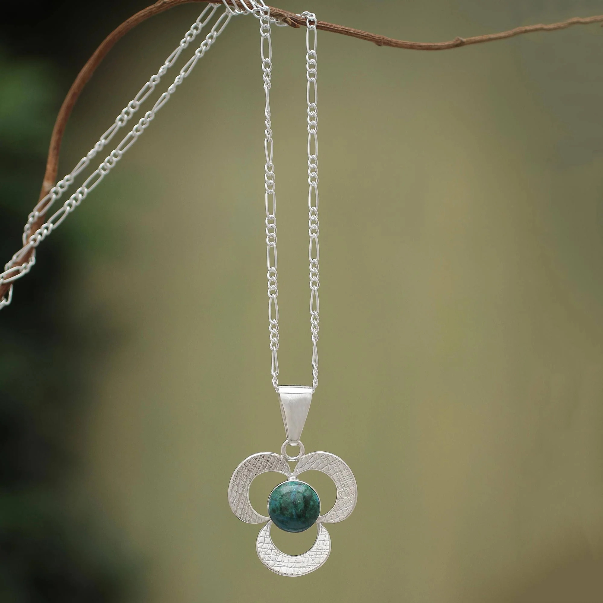 Andean Clover Artisan Crafted Chrysocolla Pendant Necklace - Image 3