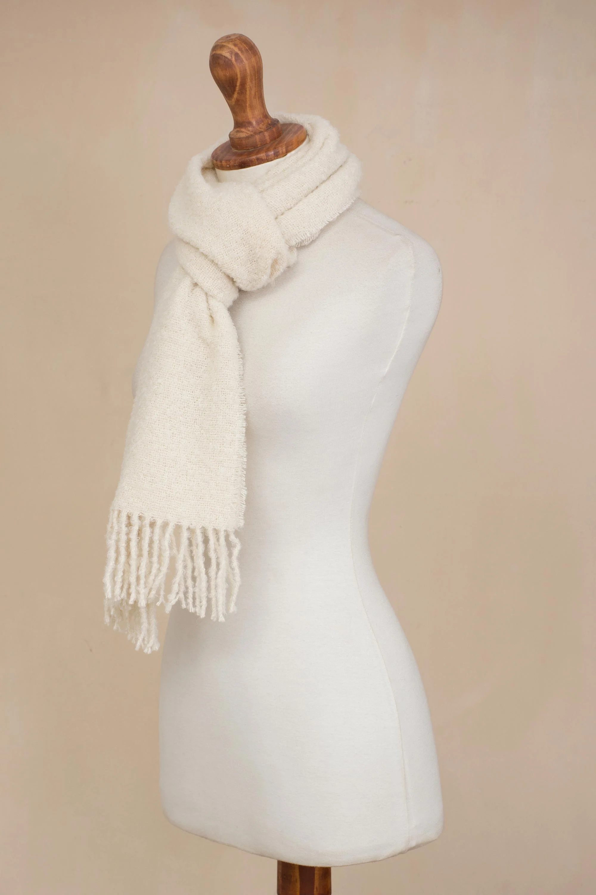 Andean Delight in Bone 100% Alpaca Wrap Scarf in Solid Bone from Peru - Image 5