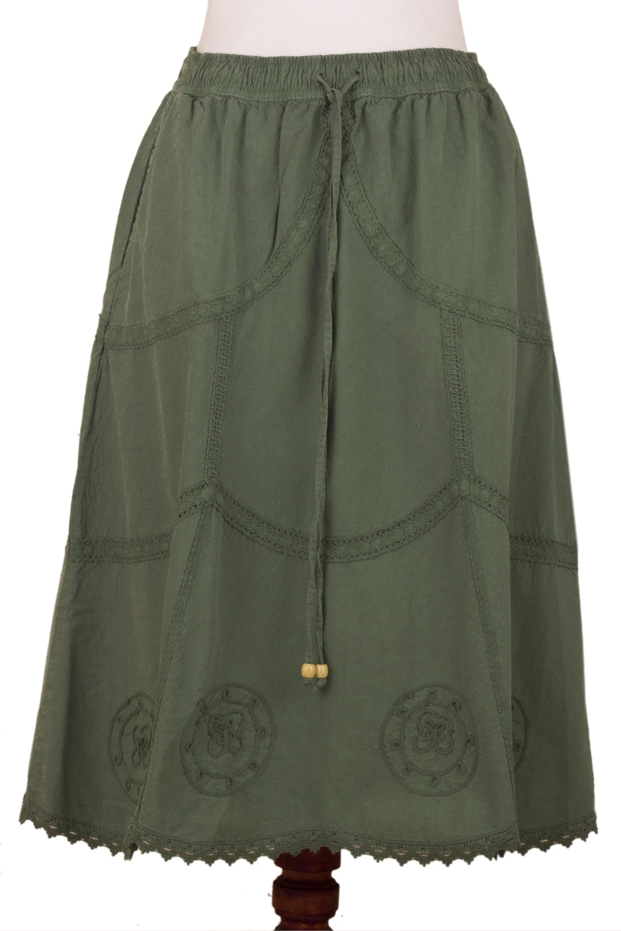 Andean Fields Embroidered Laurel Green Cotton Skirt from Peru - Image 2