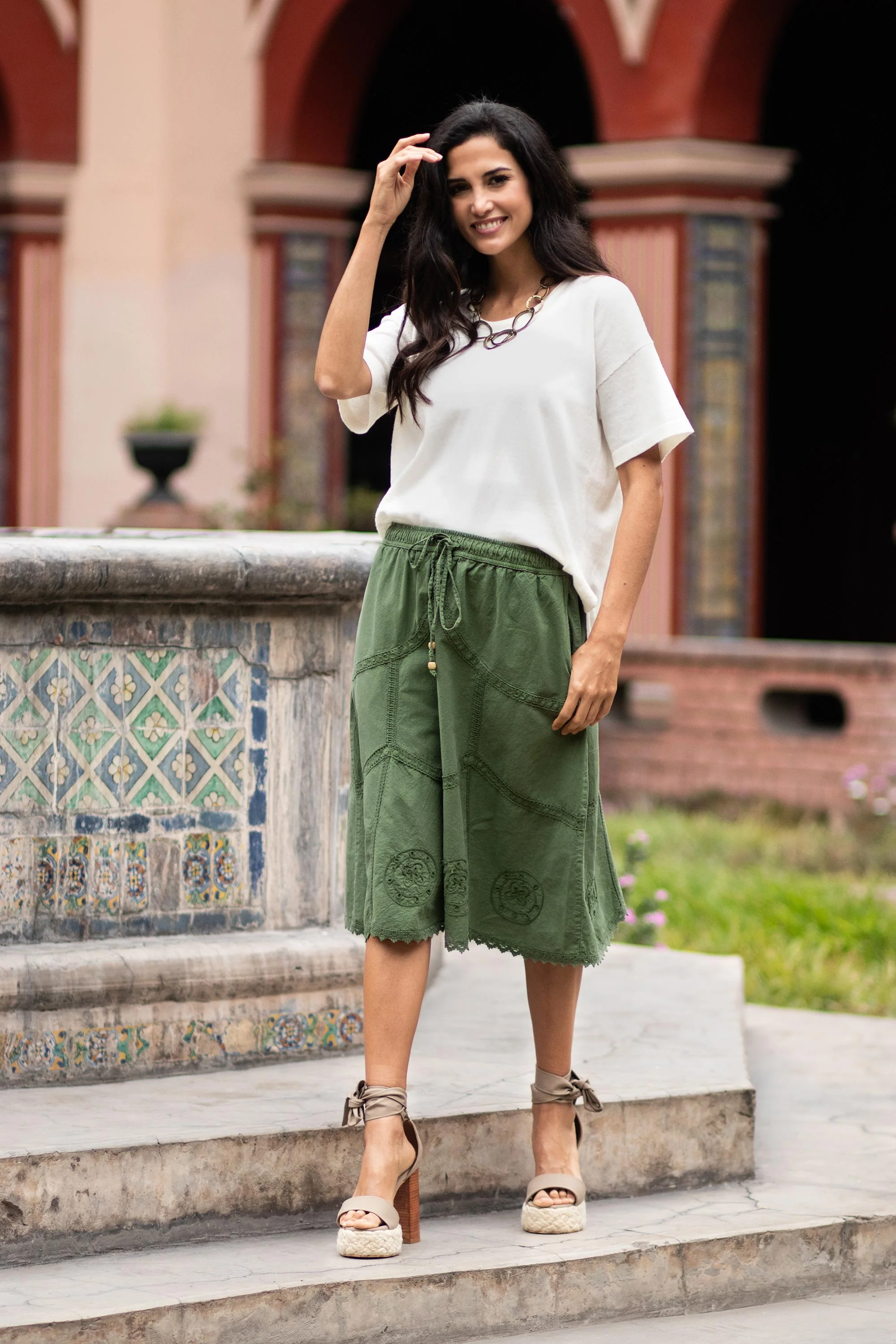 Andean Fields Embroidered Laurel Green Cotton Skirt from Peru - Image 3