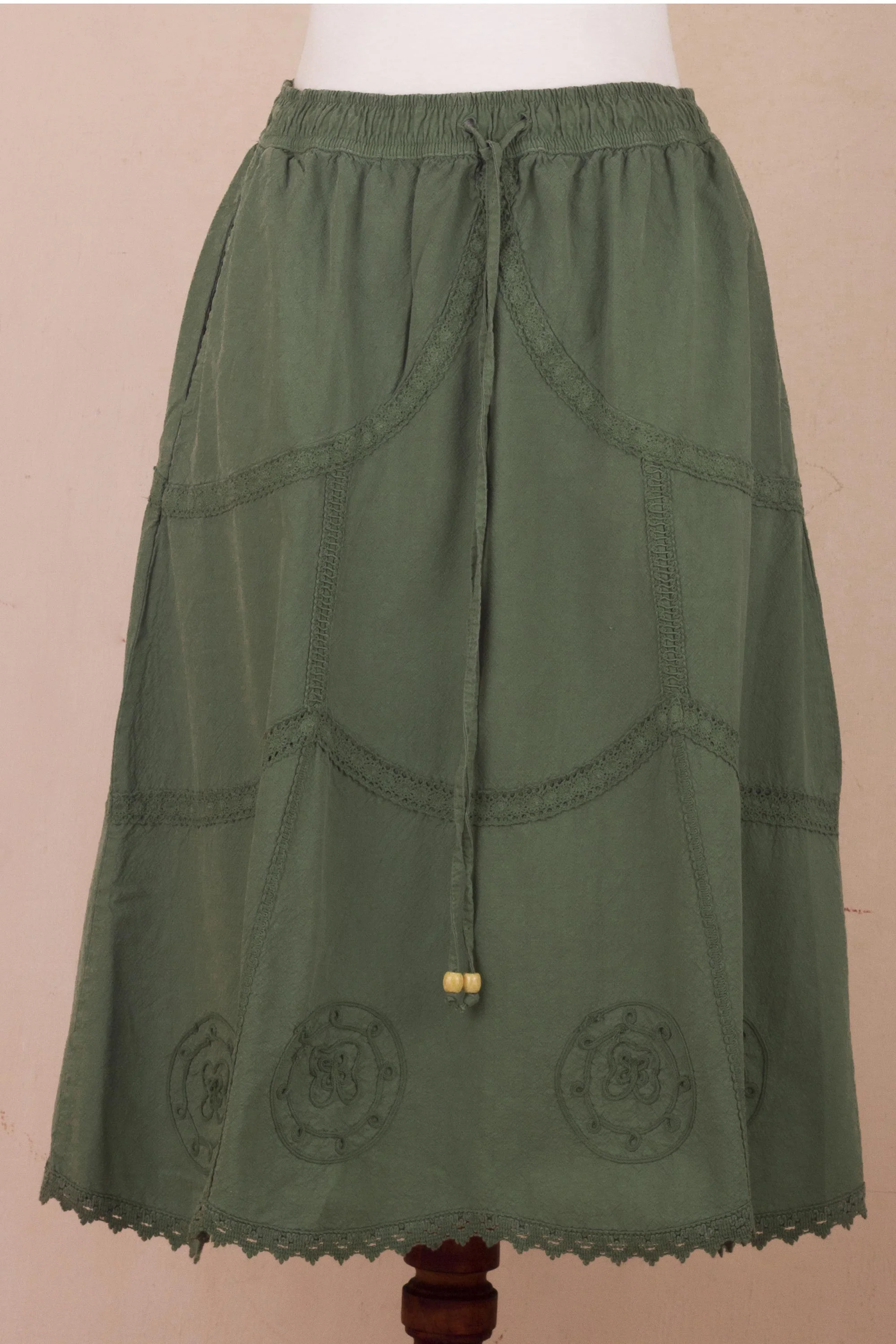 Andean Fields Embroidered Laurel Green Cotton Skirt from Peru - Image 4