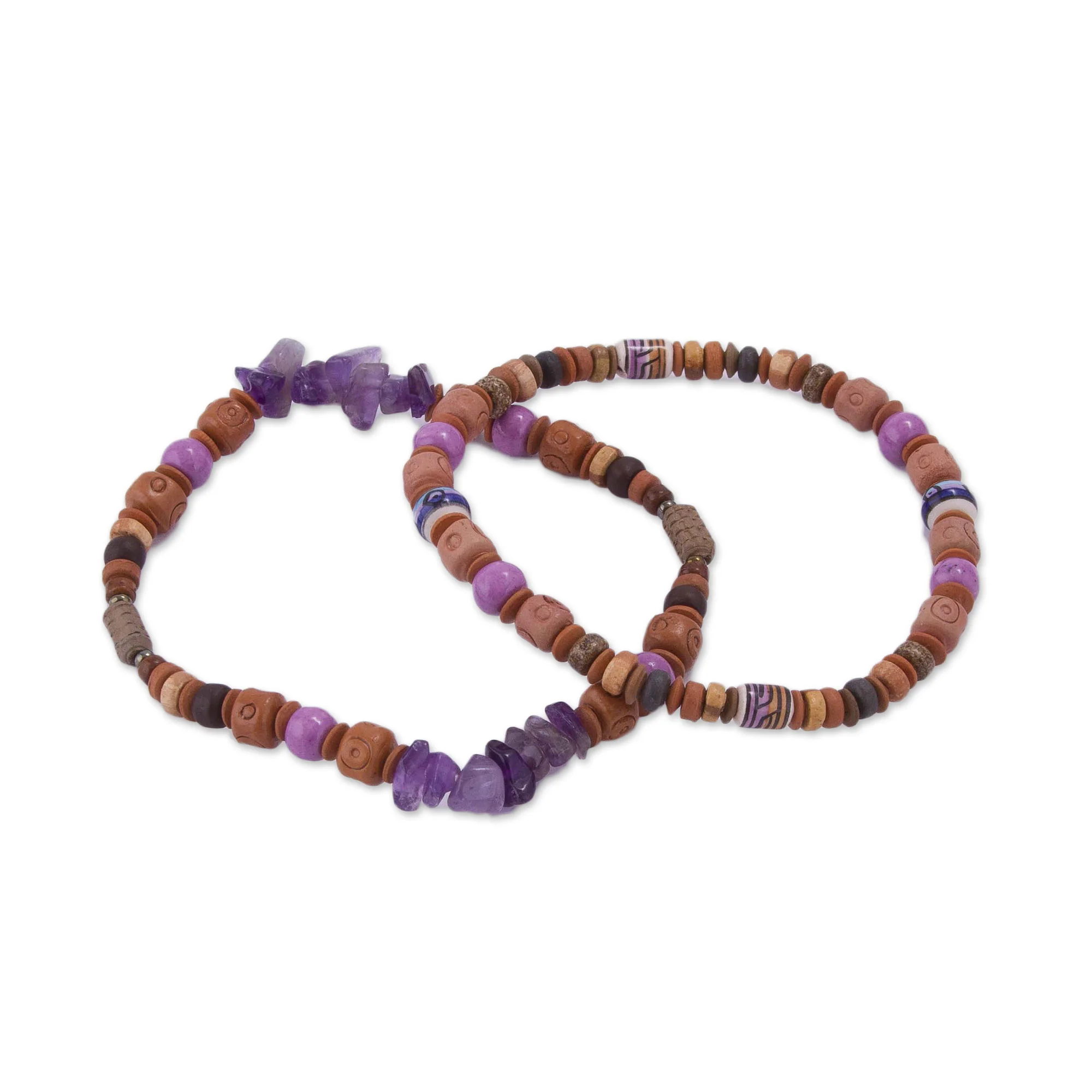Andean Joy Two Amethyst and Ceramic Beaded Stretch Bracelets from Peru - Image 2