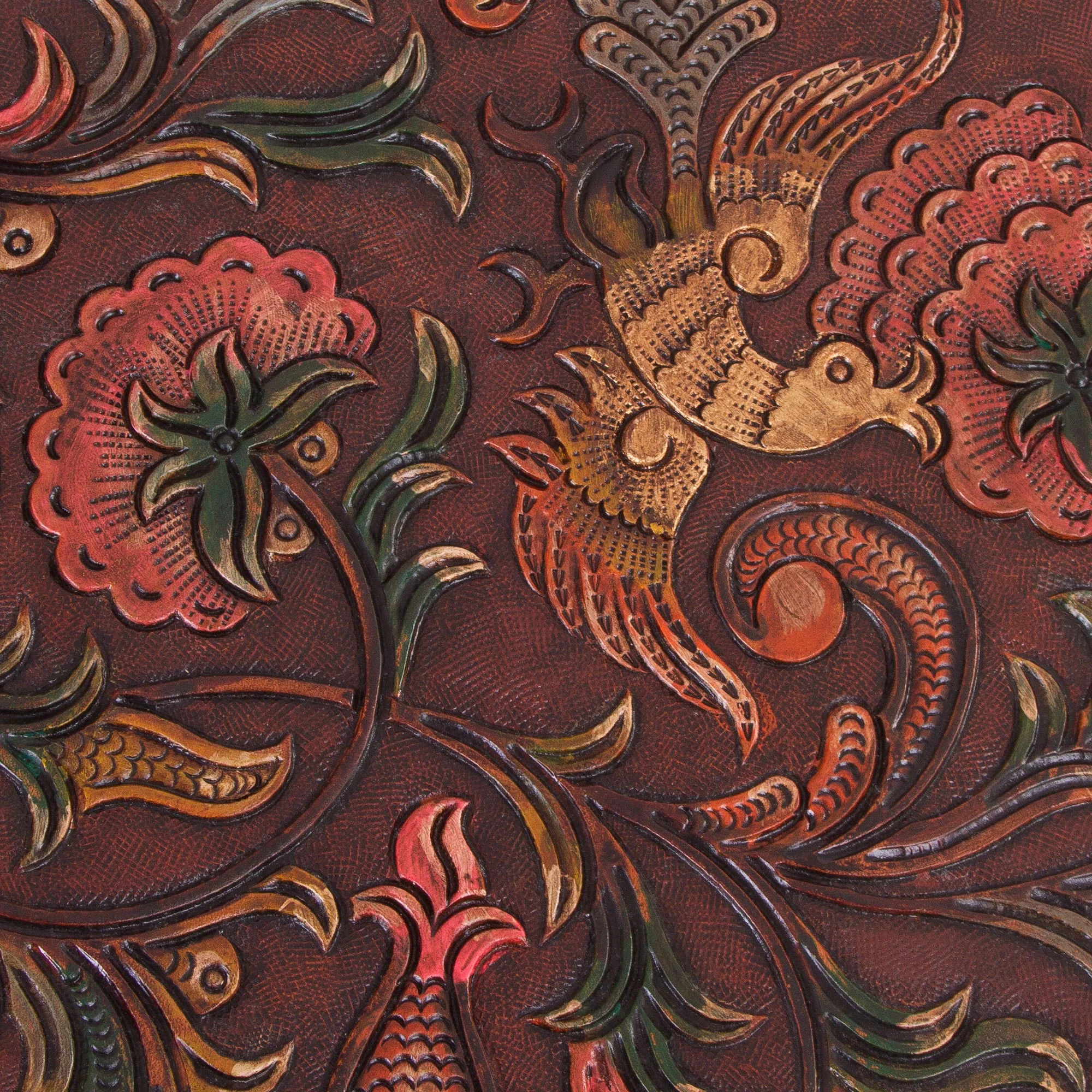 Andean Paradise Birds and Flowers Embossed on Leather and Wood Stool - Image 5