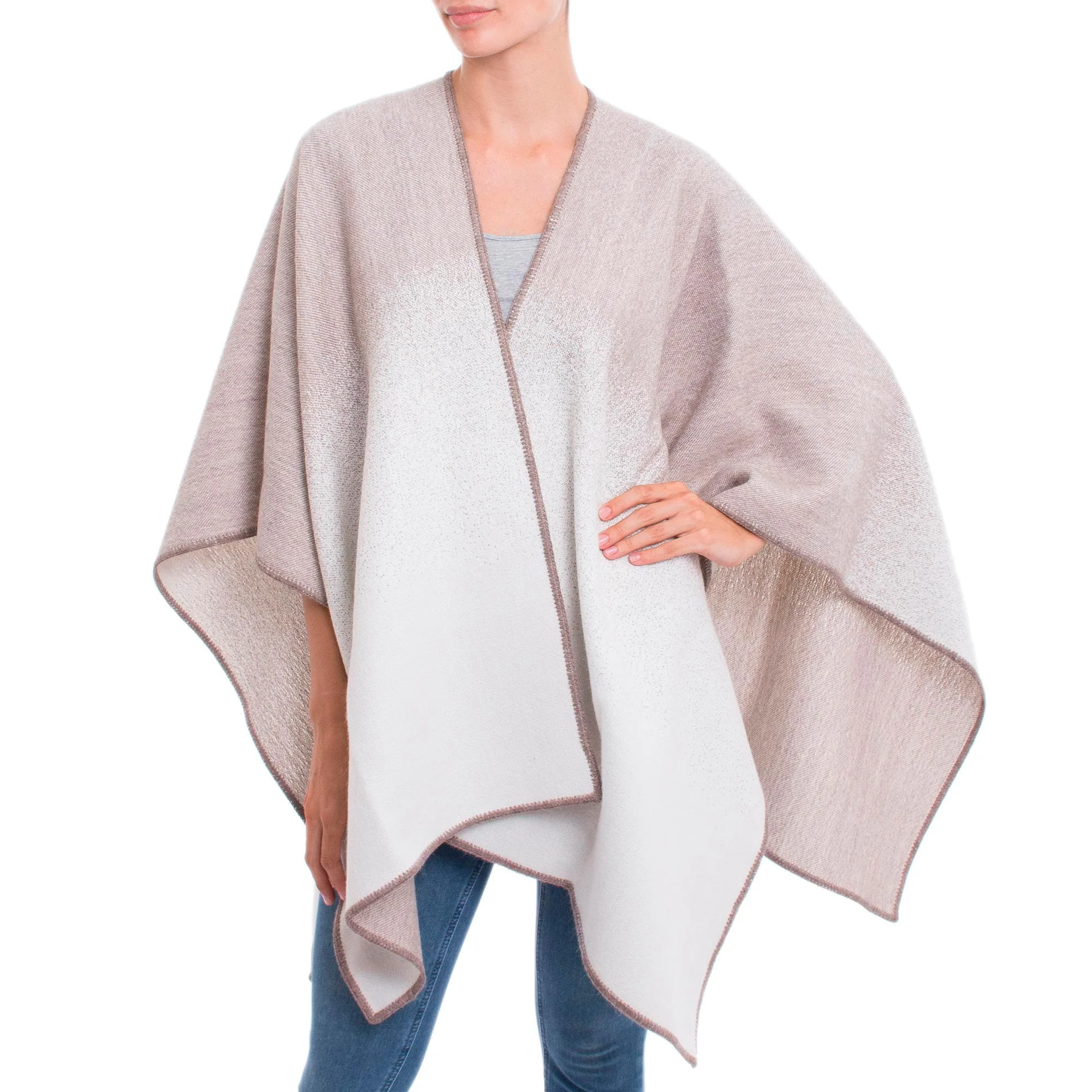 Andean Vistas in Taupe Reversible Alpaca Blend Ruana in Taupe and Snow White - Image 4