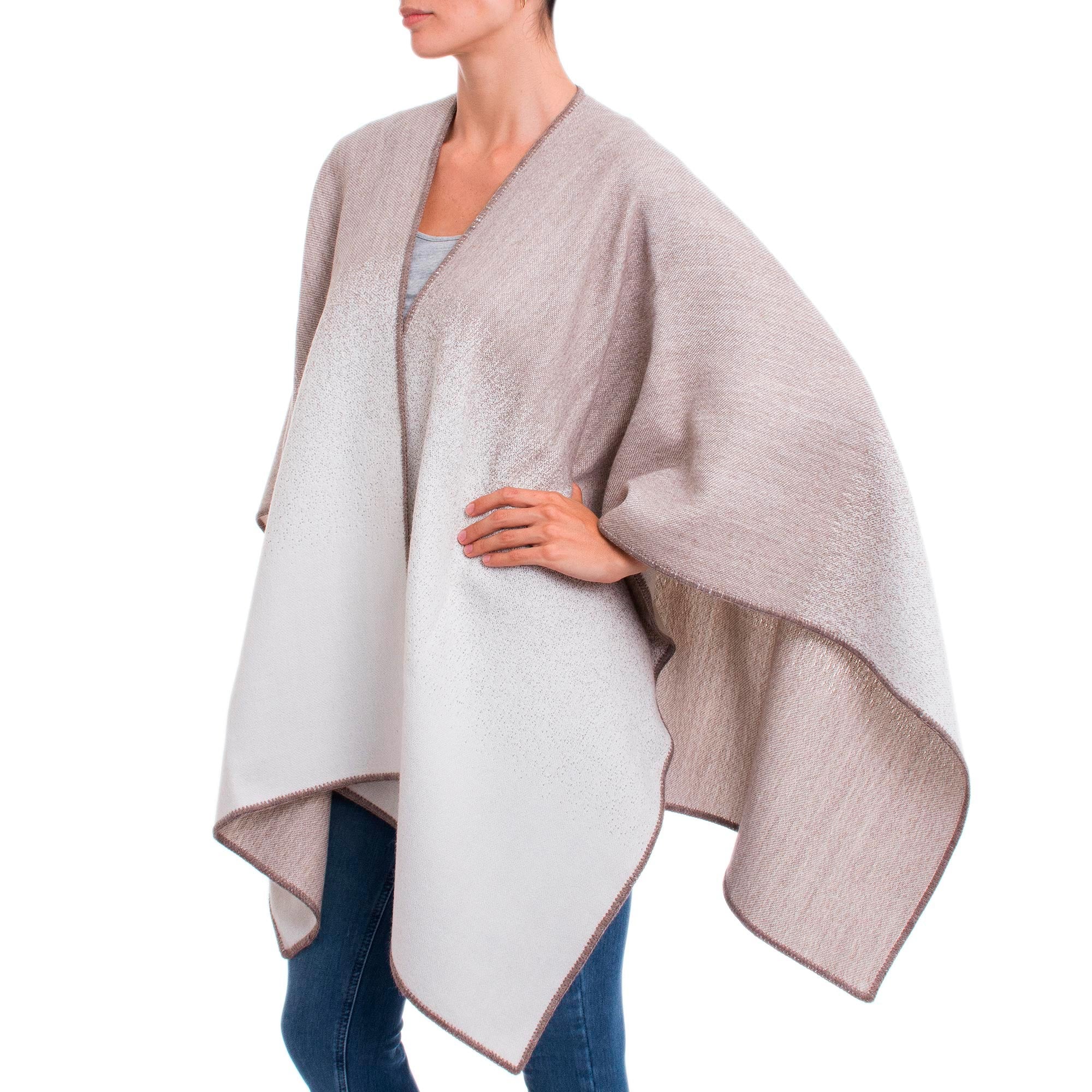 Andean Vistas in Taupe Reversible Alpaca Blend Ruana in Taupe and Snow White - Image 5