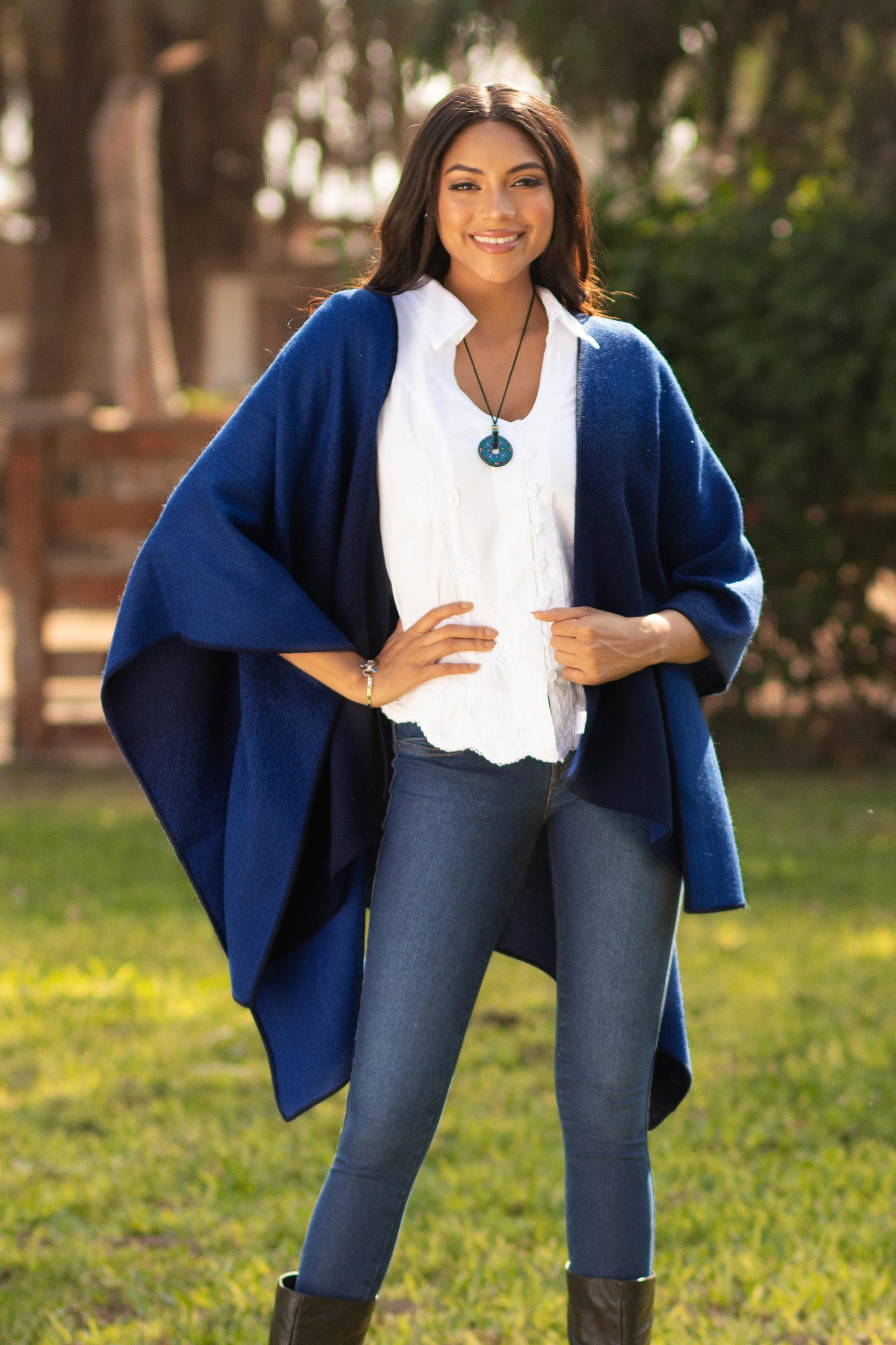Andean Wind in Cornflower Reversible Alpaca Blend Ruana in Cornflower and Navy - Image 3