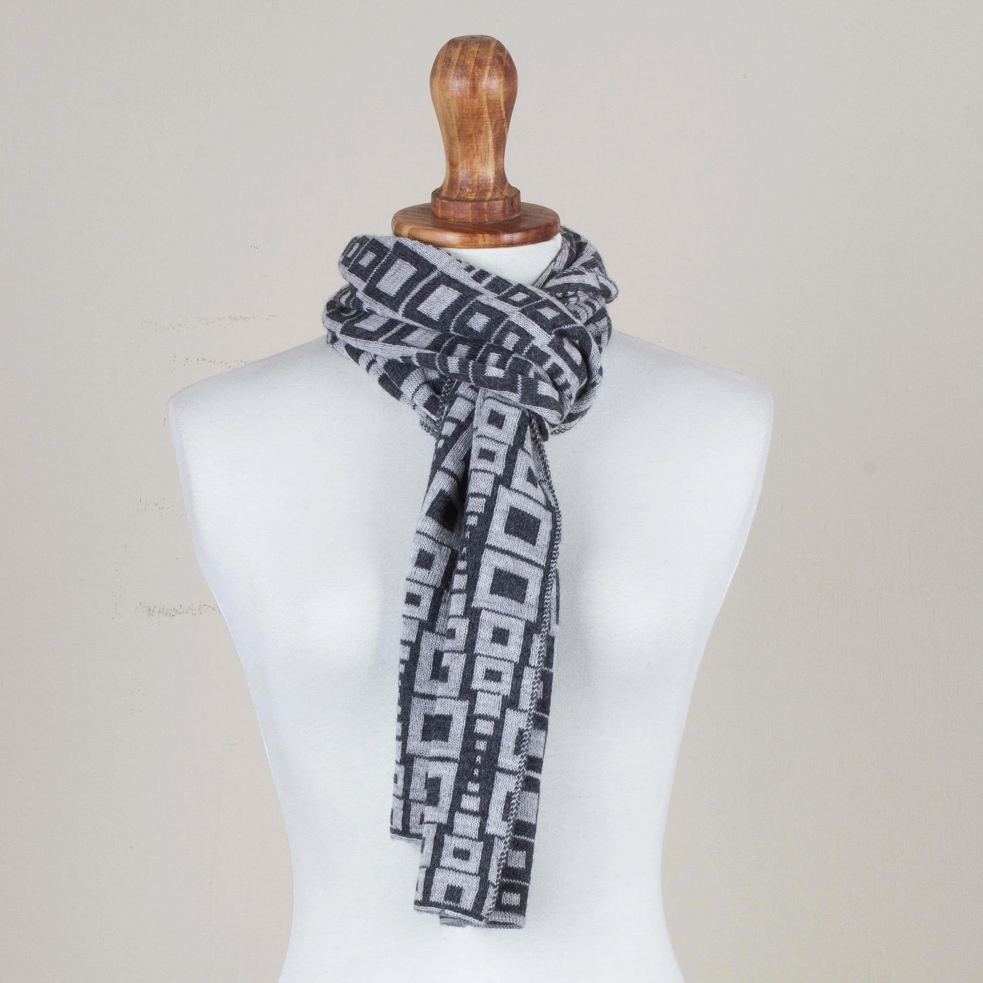 Andean Windows in Slate Alpaca Blend Scarf in Pearl Grey and Slate from Peru - Image 3