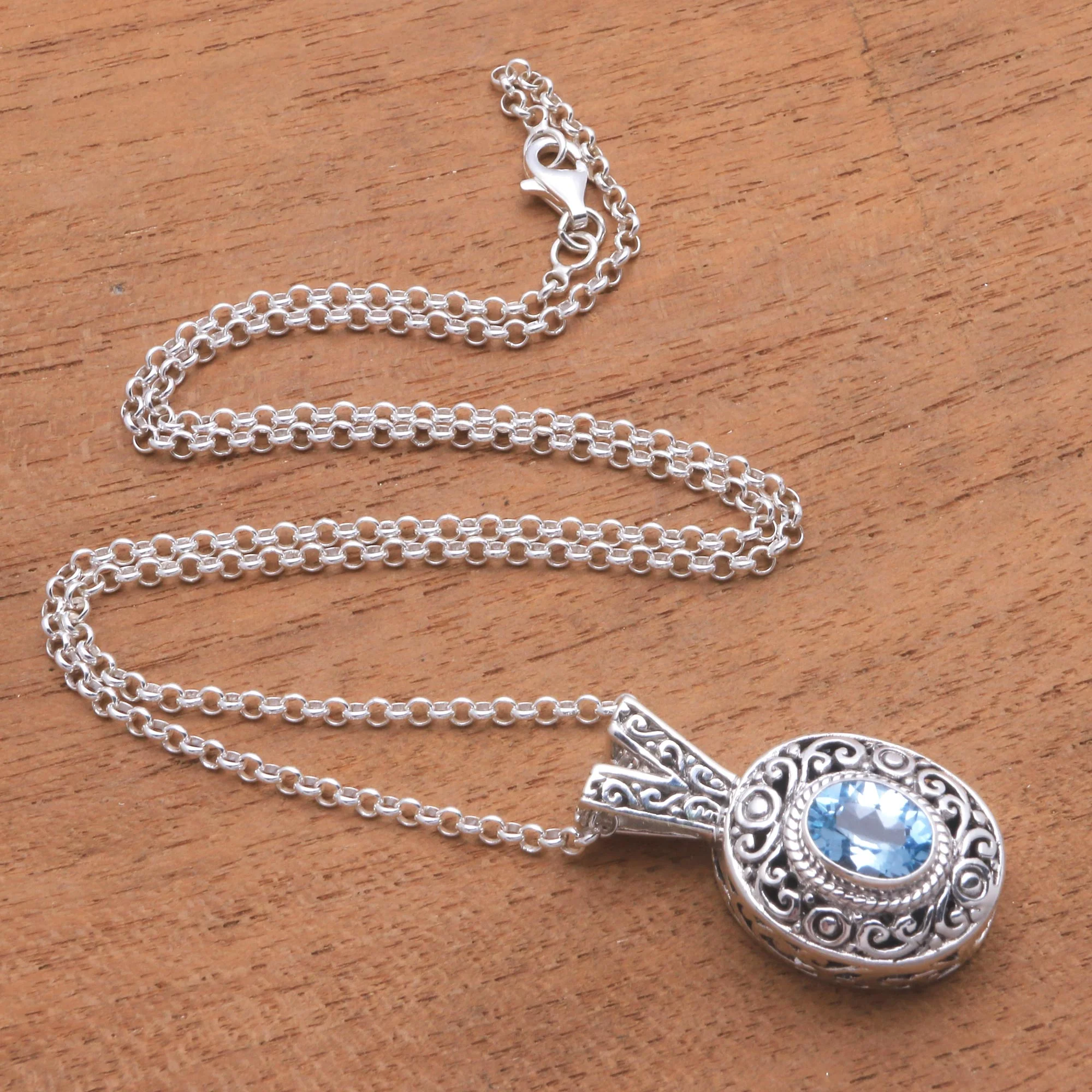 Angel Eye Swirl Pattern Blue Topaz Pendant Necklace from Bali - Image 3