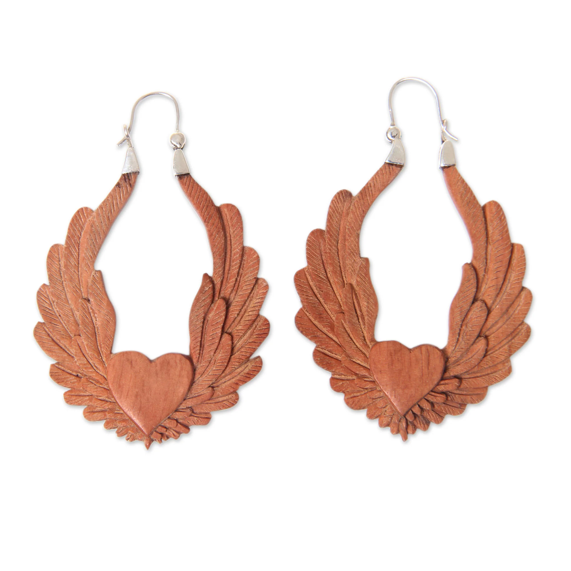 Angel Heart Wood & Silver Heart Shaped Earrings - Image 2
