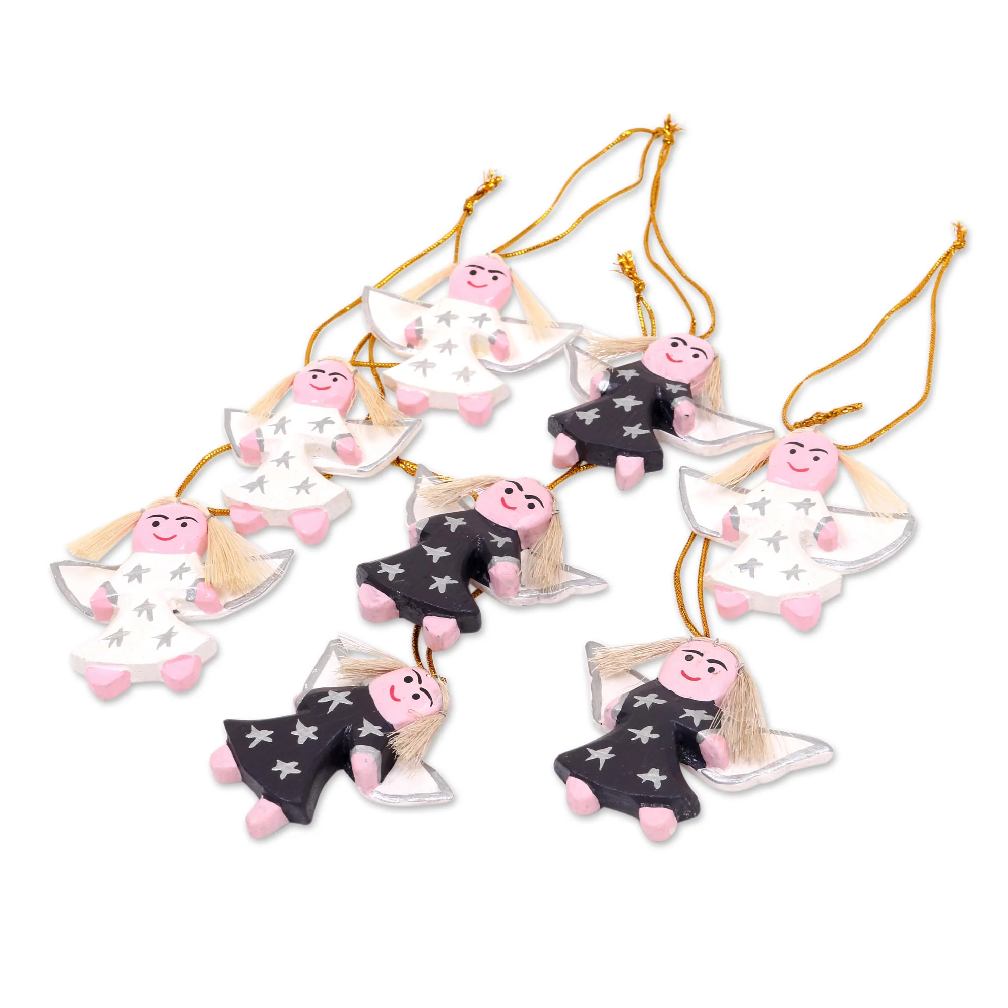 Angelic Squad 8 Artisan Crafted Angel Wood Ornaments in Black and White - Image 2