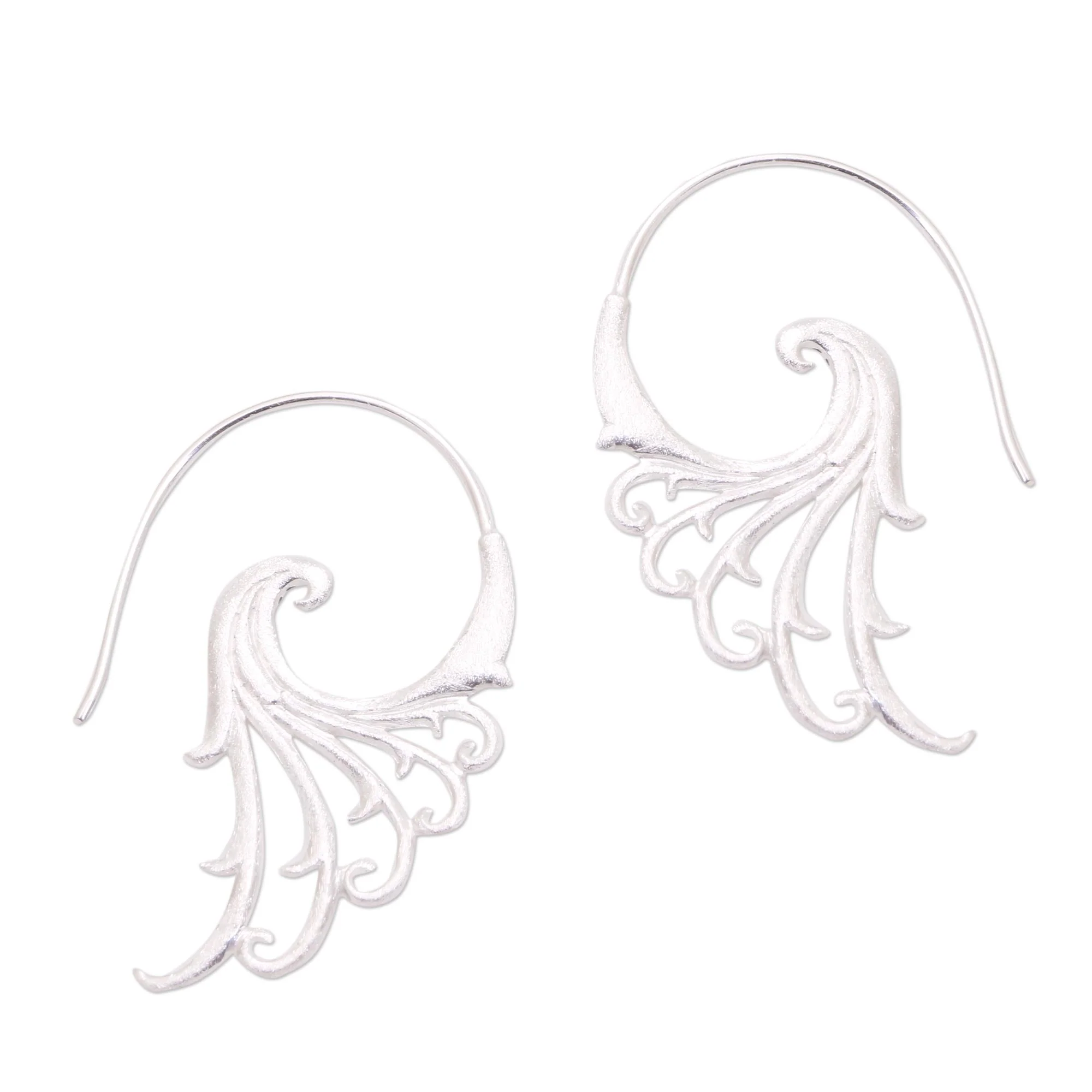 Angelic Wings Curling Motif Sterling Silver Half-Hoop Earrings from Bali - Image 2