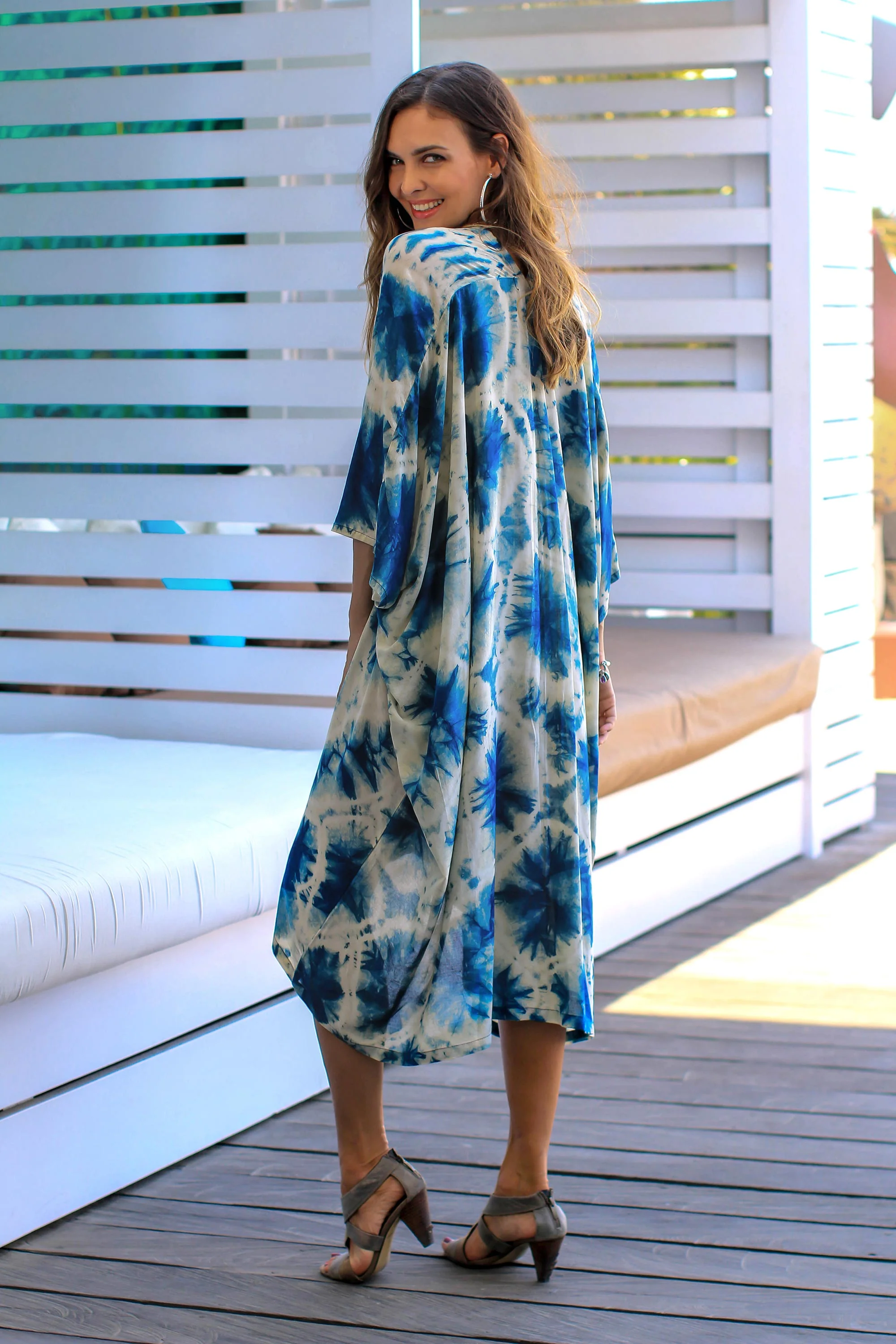 Angin Segara Oceanic Tie-Dyed Rayon Caftan Crafted in Java - Image 3