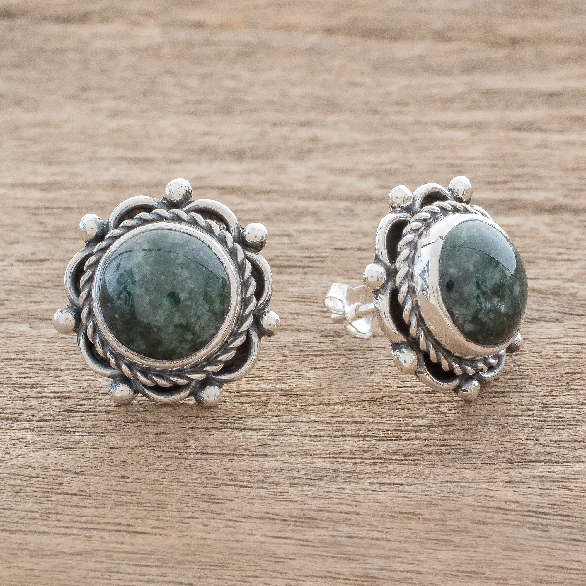 Antigua Sun Dark Green Jade Button Earrings from Guatemala - Image 3