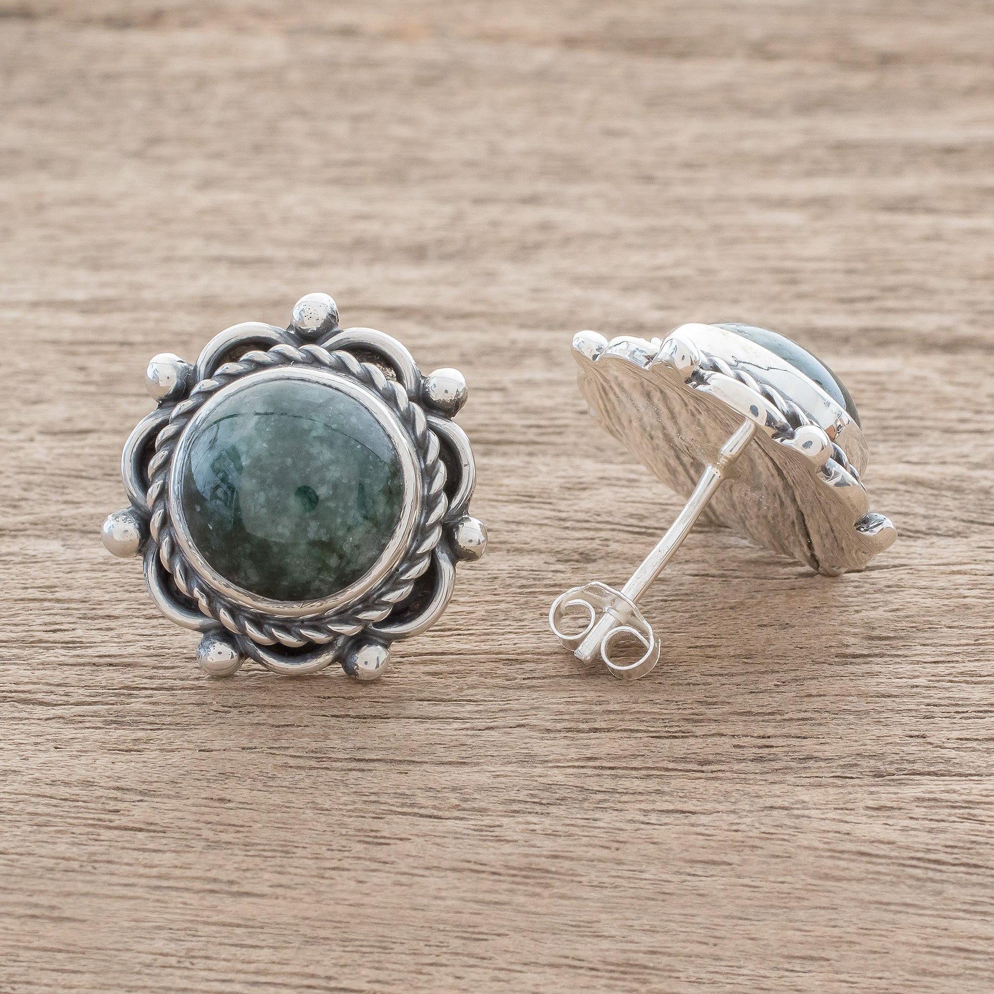 Antigua Sun Dark Green Jade Button Earrings from Guatemala - Image 4