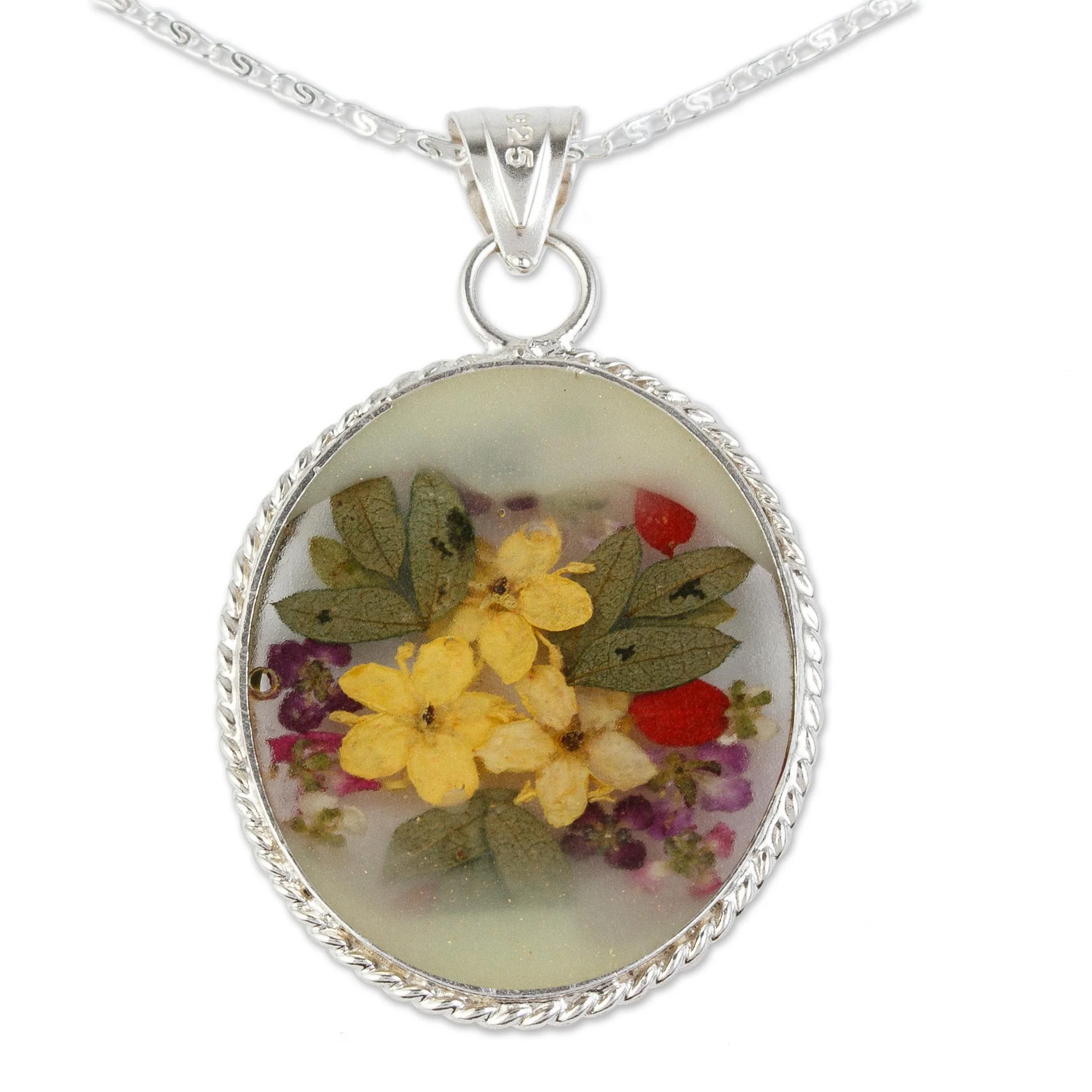 Antique Daffodils Old Fashioned Pendant Necklace with Flowers in Resin - Image 3