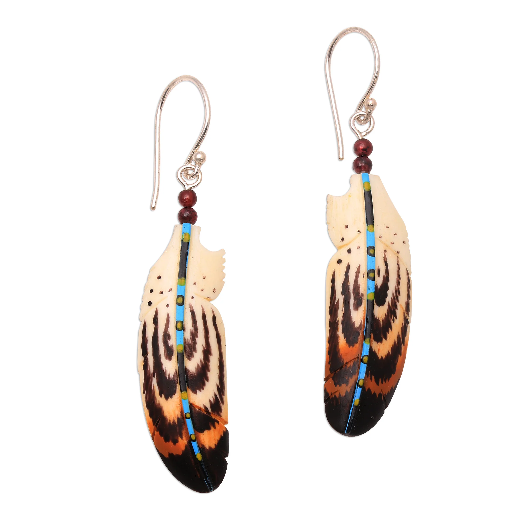 Antique Feathers Hand-Painted Bone and Amethyst Feather Dangle Earrings - Image 2