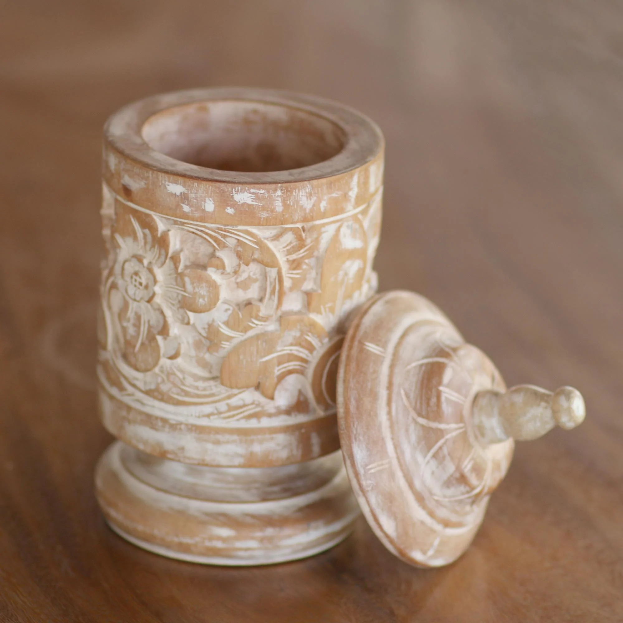Antique Flower Mahogany Wood Cylindrical Decorative Jar with Floral Motifs - Image 3