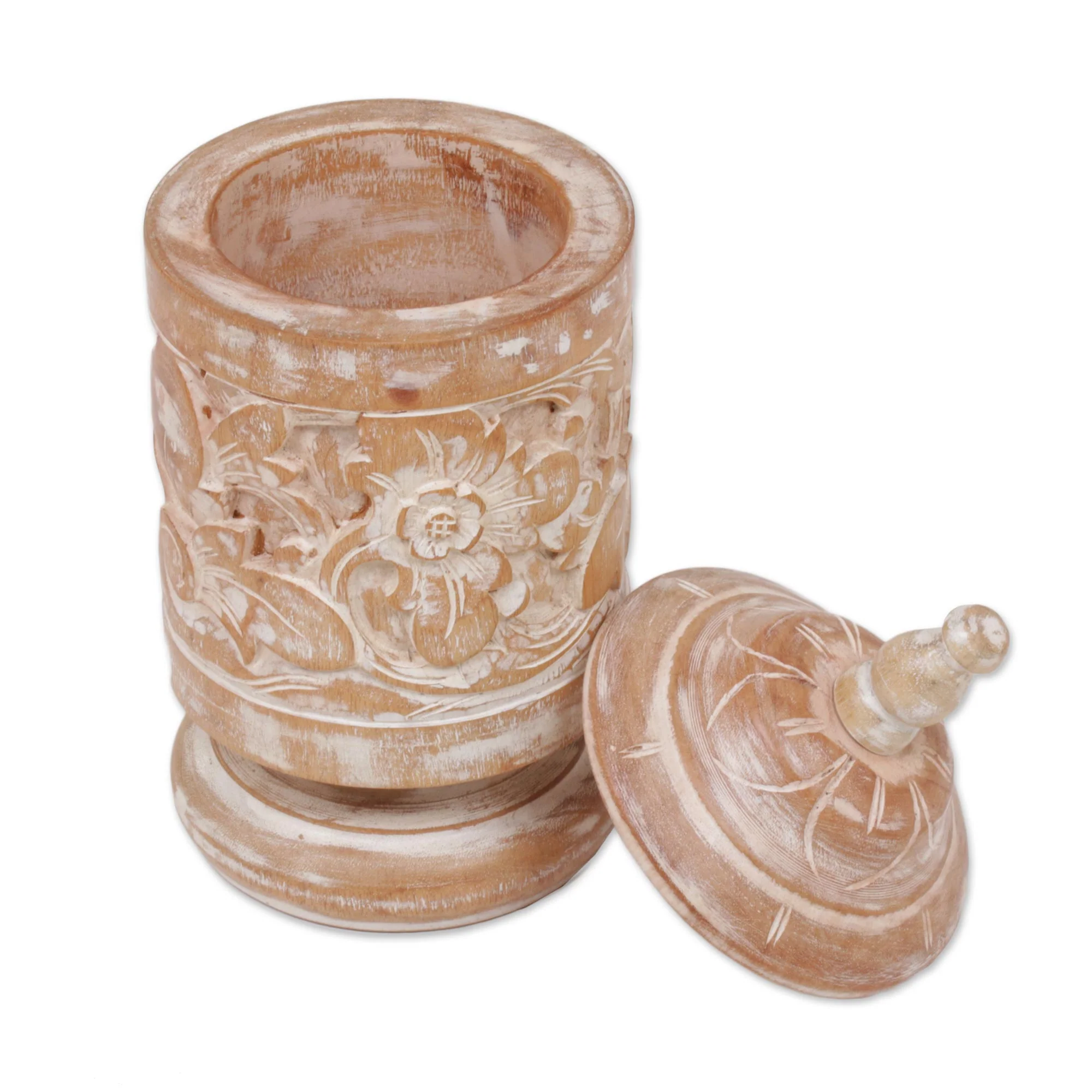 Antique Flower Mahogany Wood Cylindrical Decorative Jar with Floral Motifs - Image 4