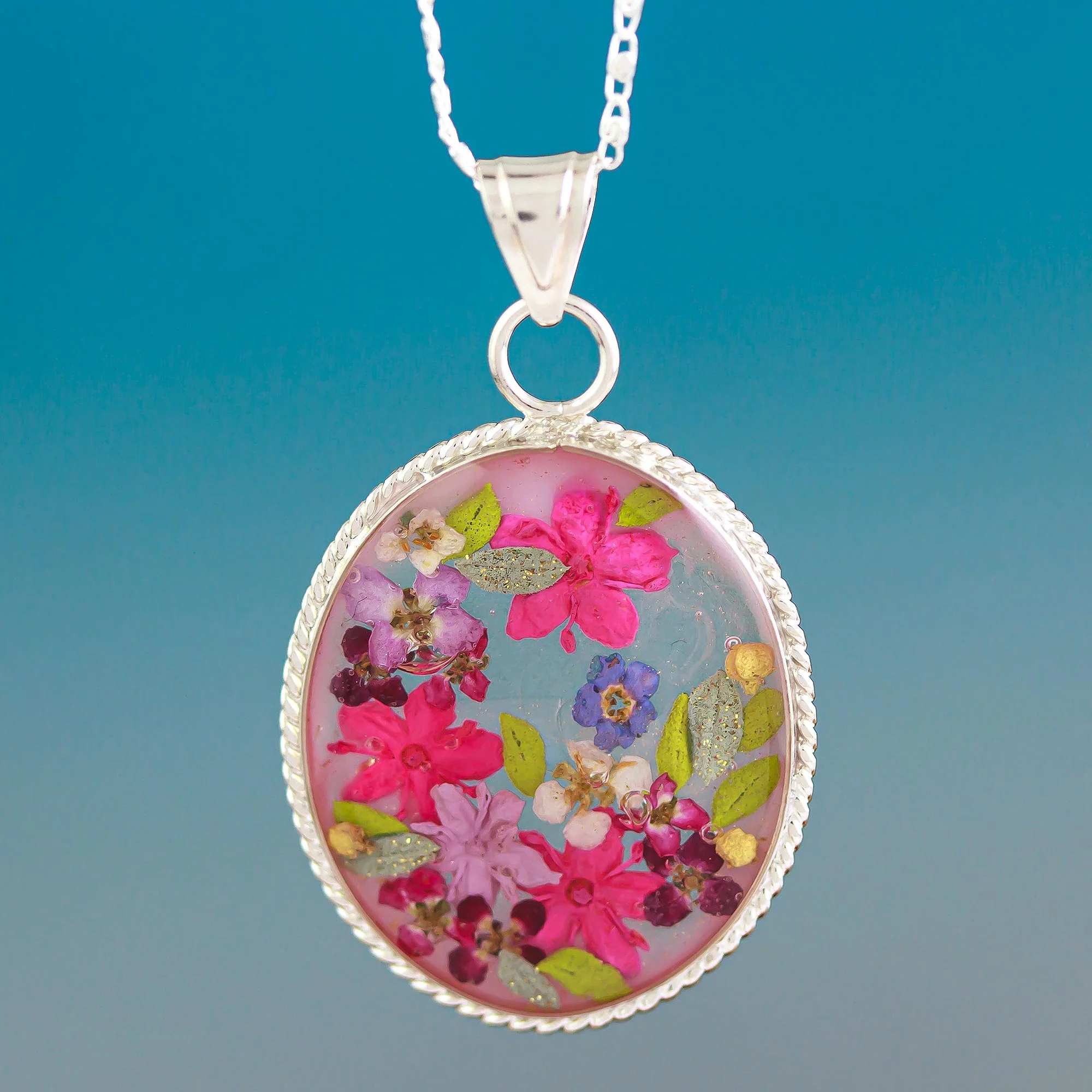 Antique Rose Old Fashioned Pendant Necklace with Pink Flowers in Resin