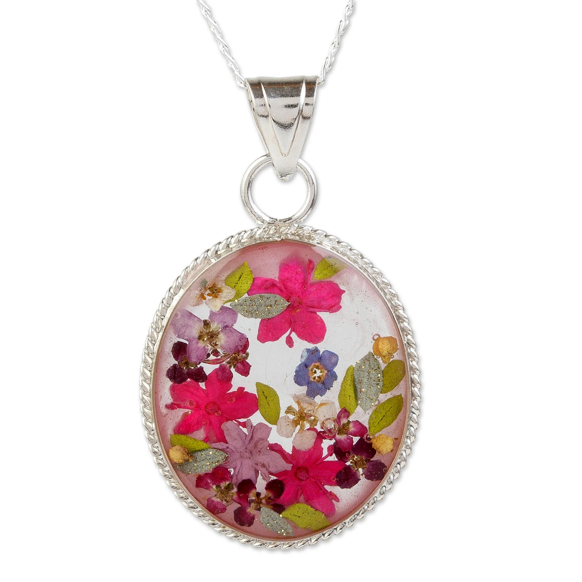 Antique Rose Old Fashioned Pendant Necklace with Pink Flowers in Resin - Image 2