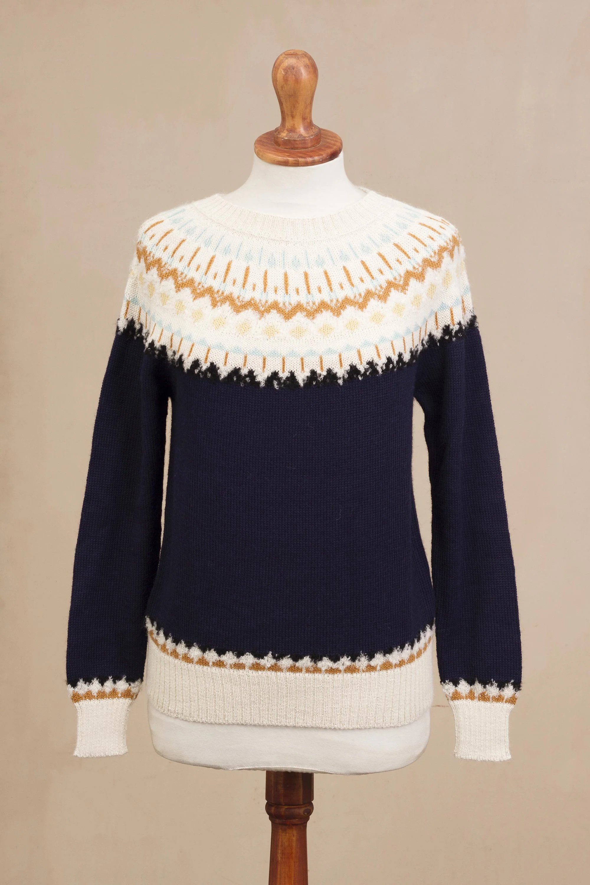 Apres-ski Midnight and Antique White 100% Alpaca Pullover from Peru - Image 5
